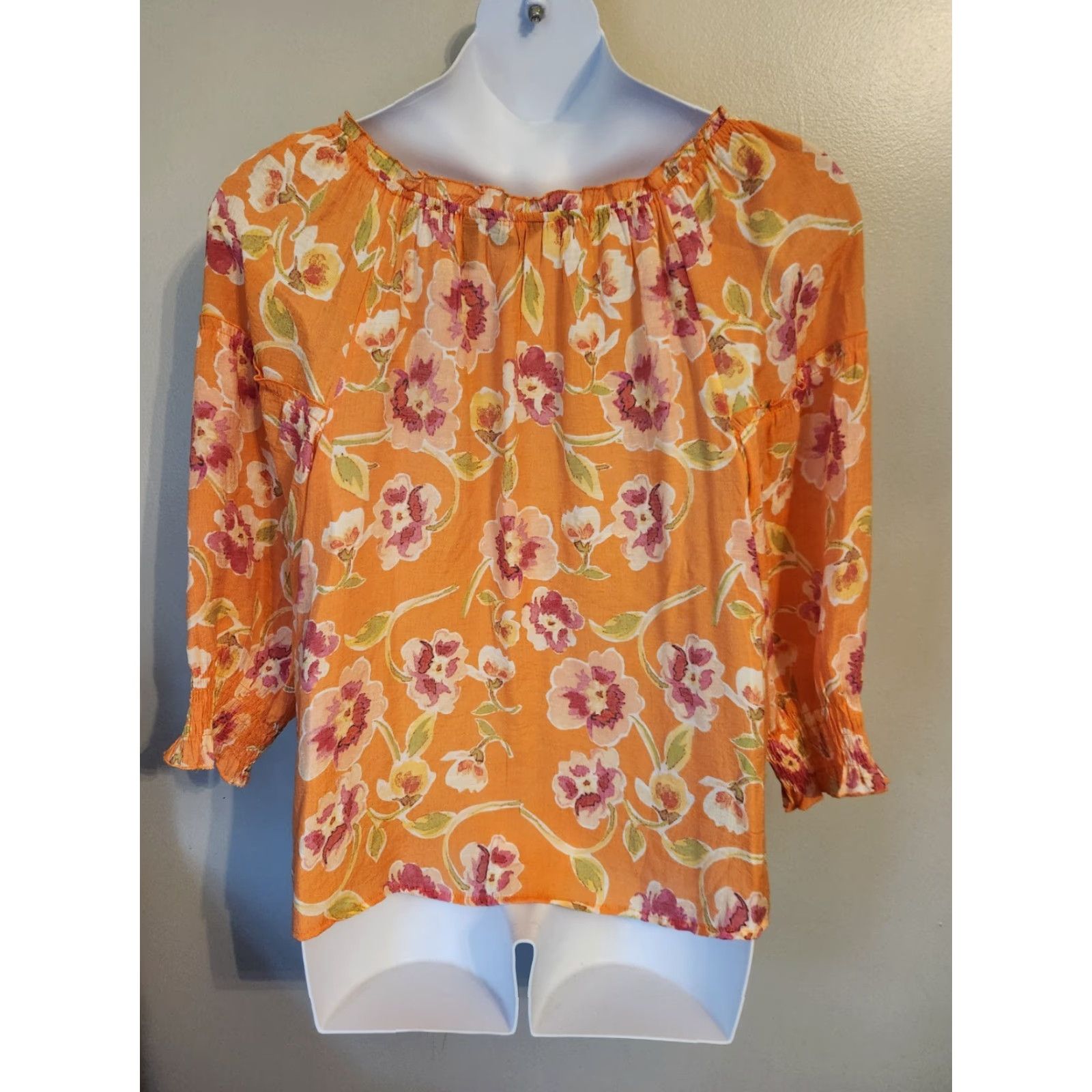 Vintage Mlle Gabrielle Orange Floral Top Blouse Shirt 3/4 Sleeve Smocked Front Button V-Neck XL Womens Boho Hippie Casual Workwear Size XL / US 12-14 / IT 48-50 - 4 Thumbnail