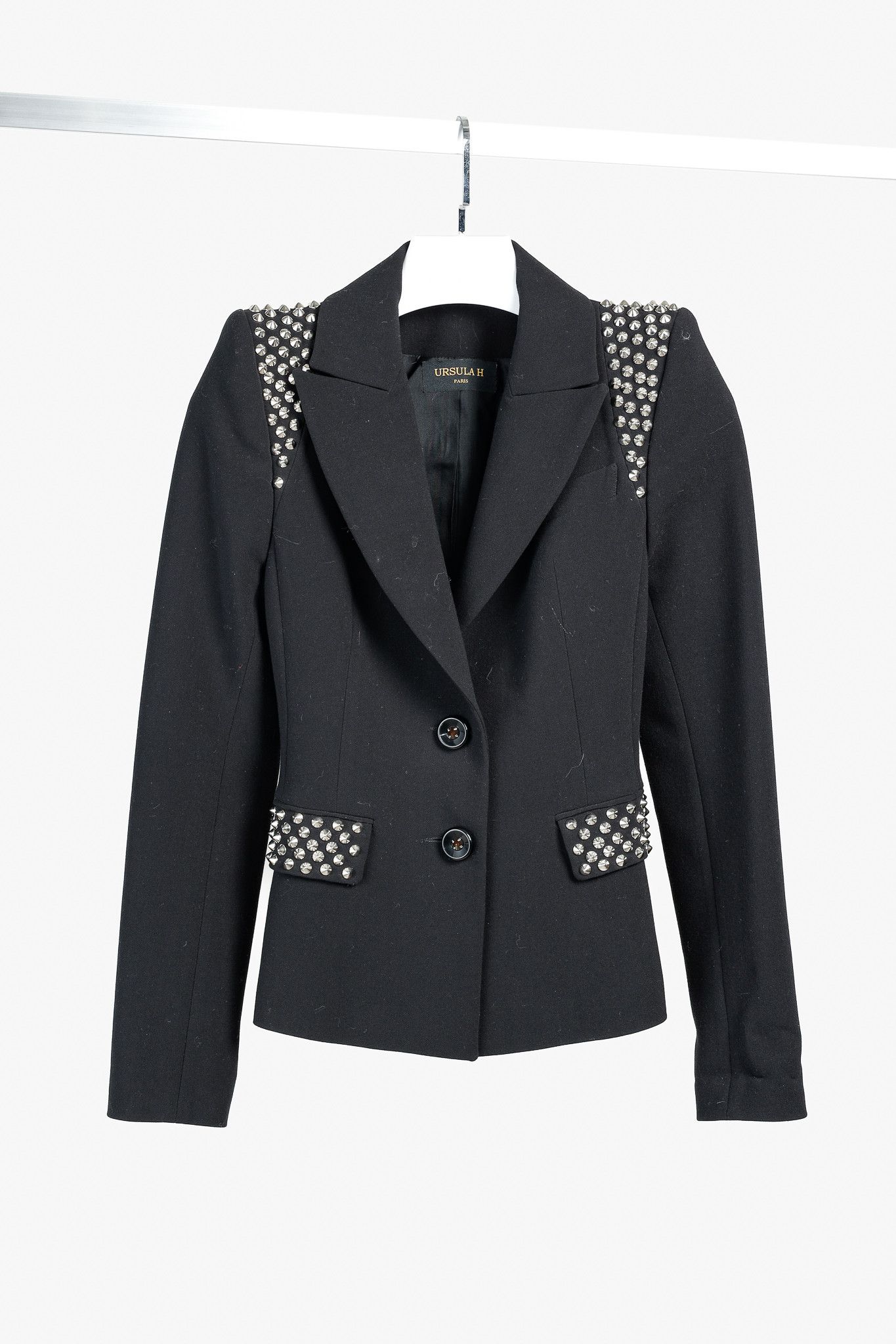 Designer Ursula H Paris Silver Studded Black Blazer Size XS / US 0-2 / IT 36-38 - 1 Thumbnail