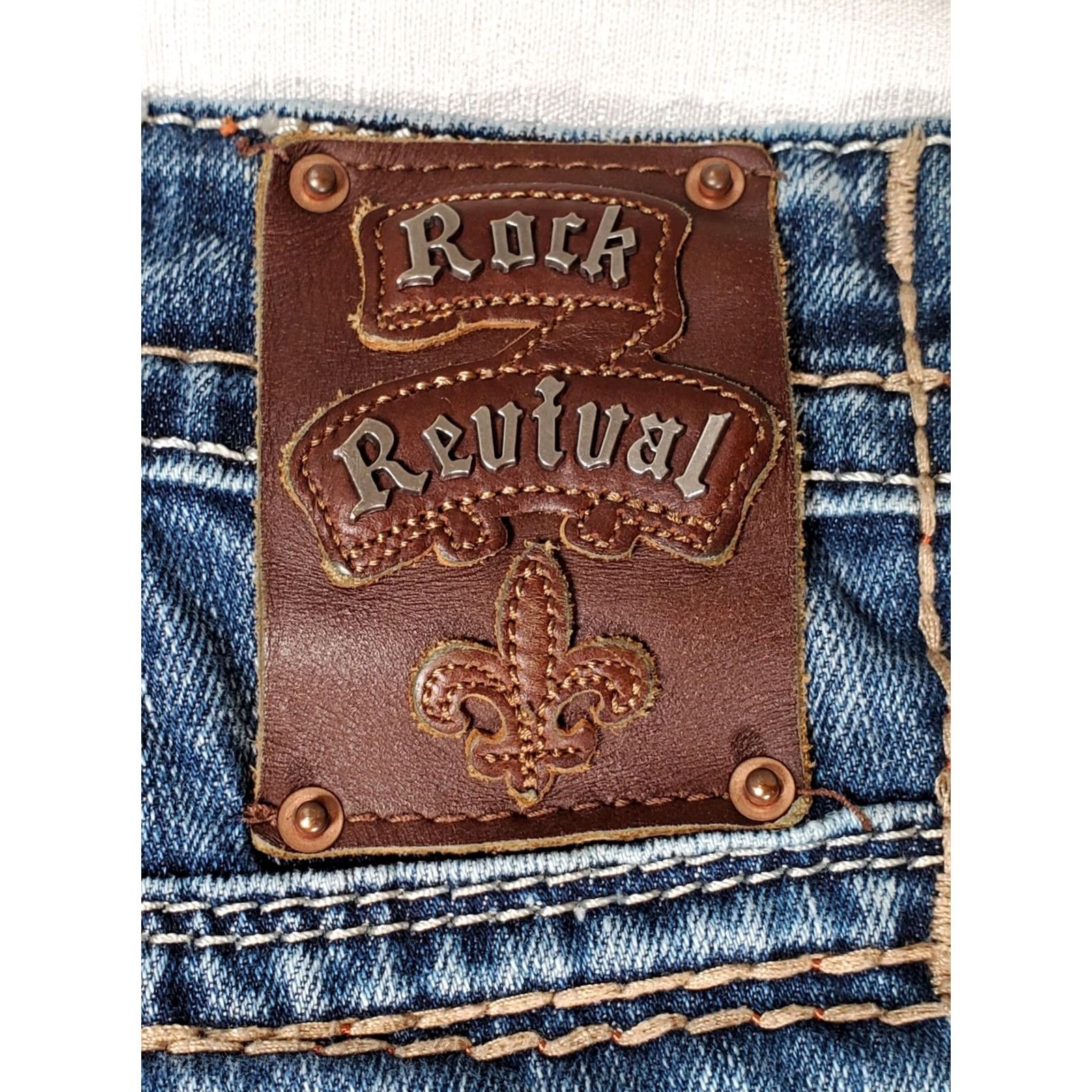 Vintage Rock Revival Xavier Straight Jeans Blue Distressed Embroidered Button Pockets Men's 33 Jeans Size US 33 - 5 Thumbnail