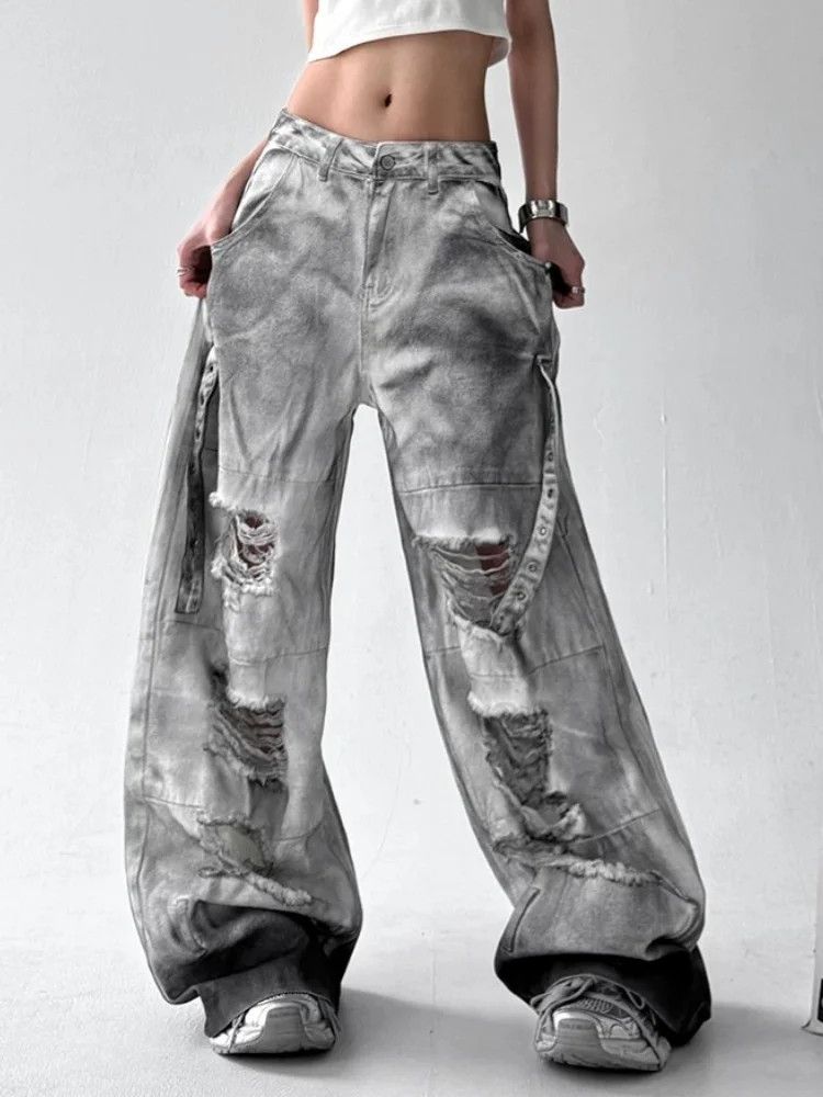 Japanese Brand × Vintage Dirty Washed White Baggy Stacked Ripped Jeans Size 32" / US 10 / IT 46 - 5 Thumbnail