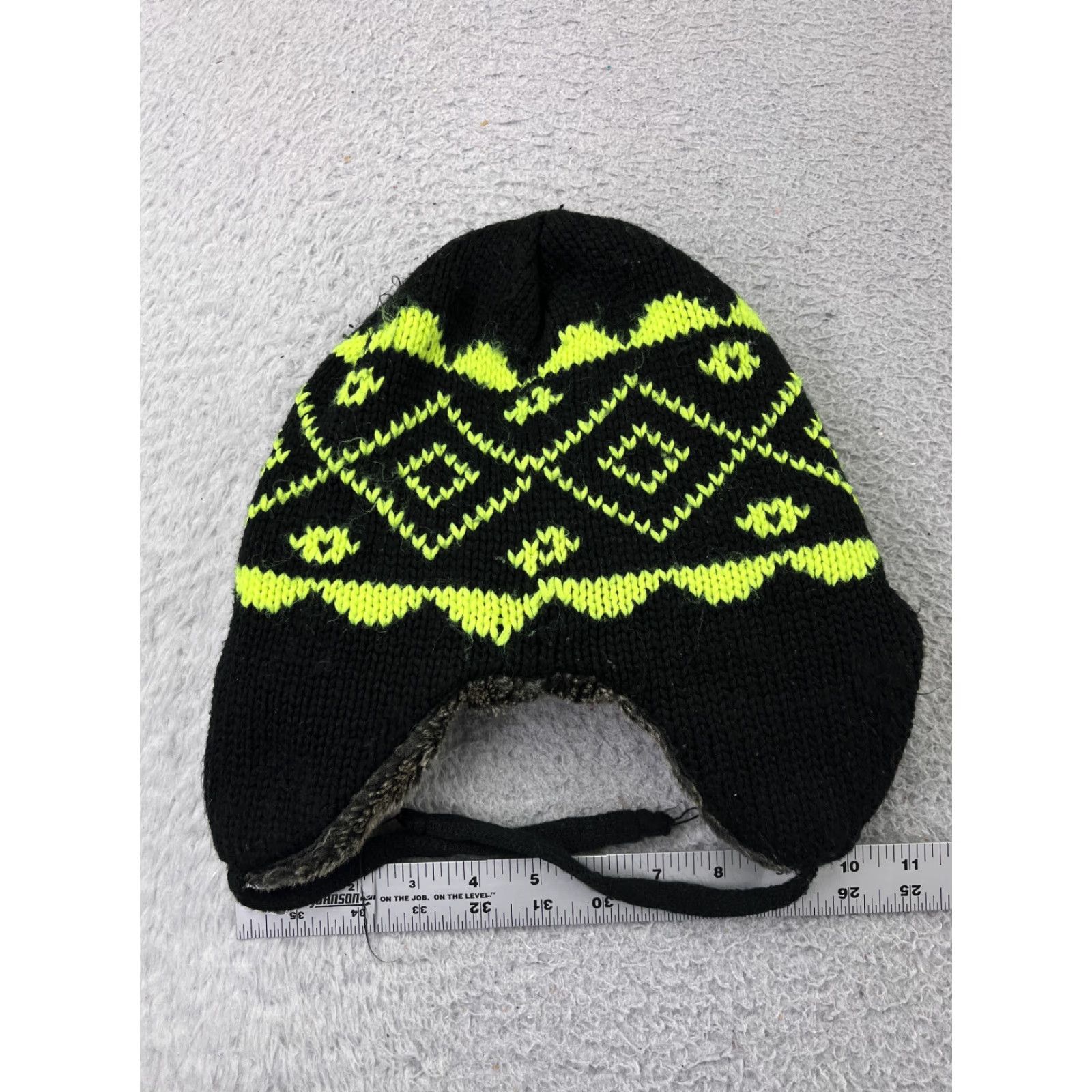 Vintage VINTAGE Hat Cap Trapper Adult One Size Black Green Faux Fur Flaps Lined Hunting Camping Geometric Knit Men Size ONE SIZE - 3 Thumbnail