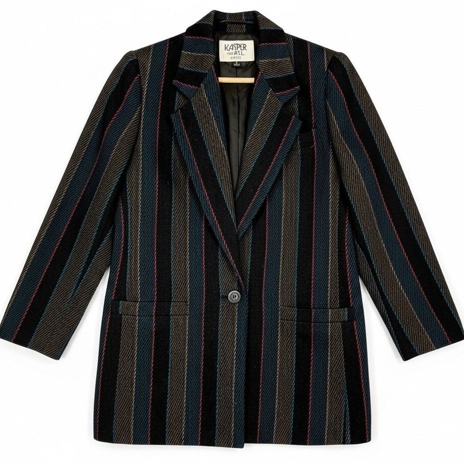Kasper Vintage Kasper ASL Size 4P Green Black Striped Wool Blazer Size S / US 4 / IT 40 - 1 Thumbnail