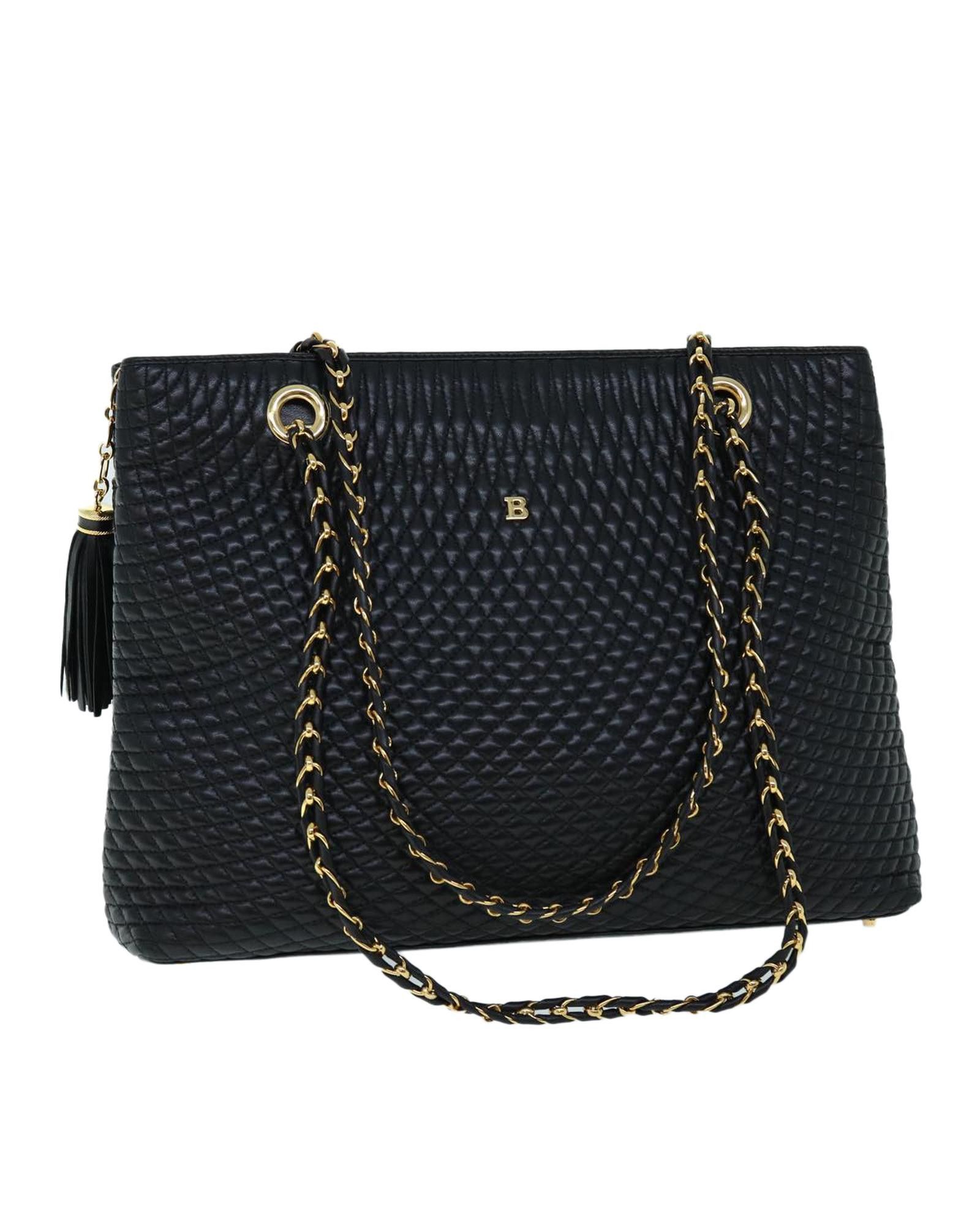 image of Bally Quilted Leather Shoulder Bag With Fringe Chain Detail in Black, Women's