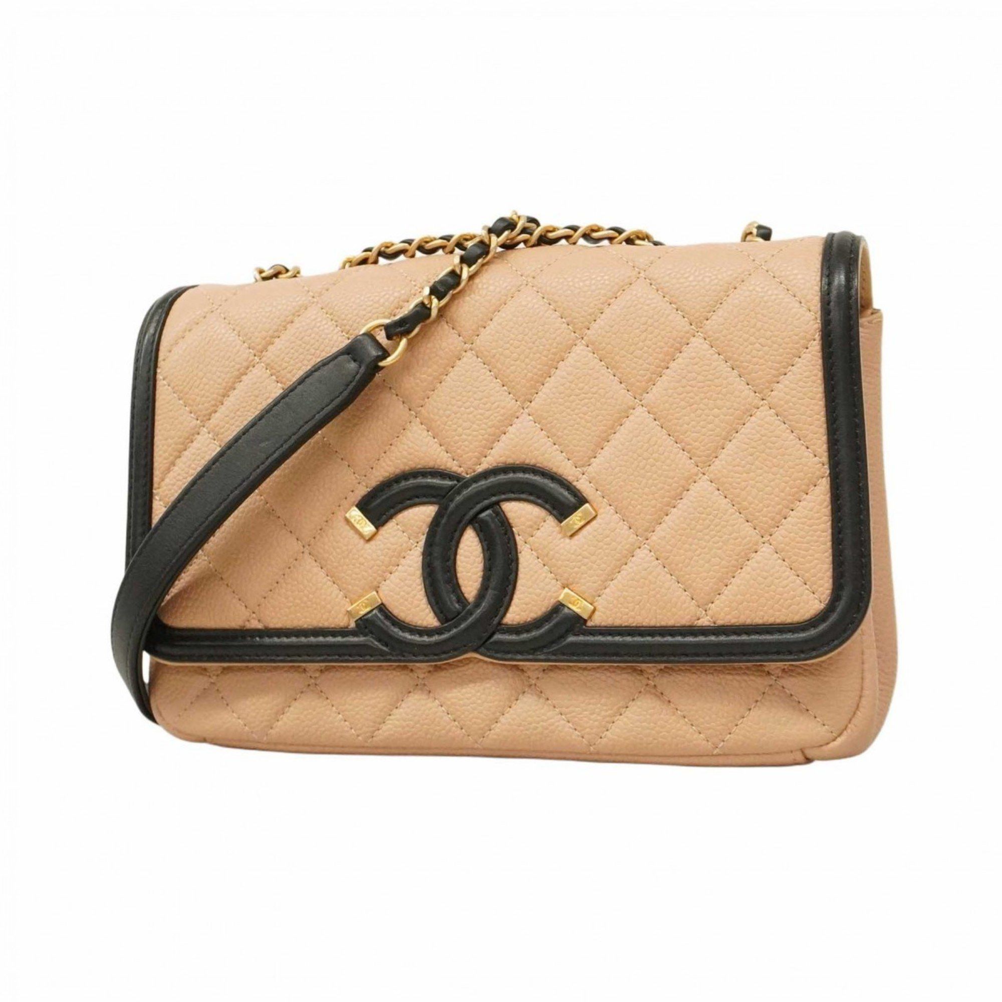 Chanel Shoulder Bag Matelasse W Chain Caviar Skin Beige Black Women's