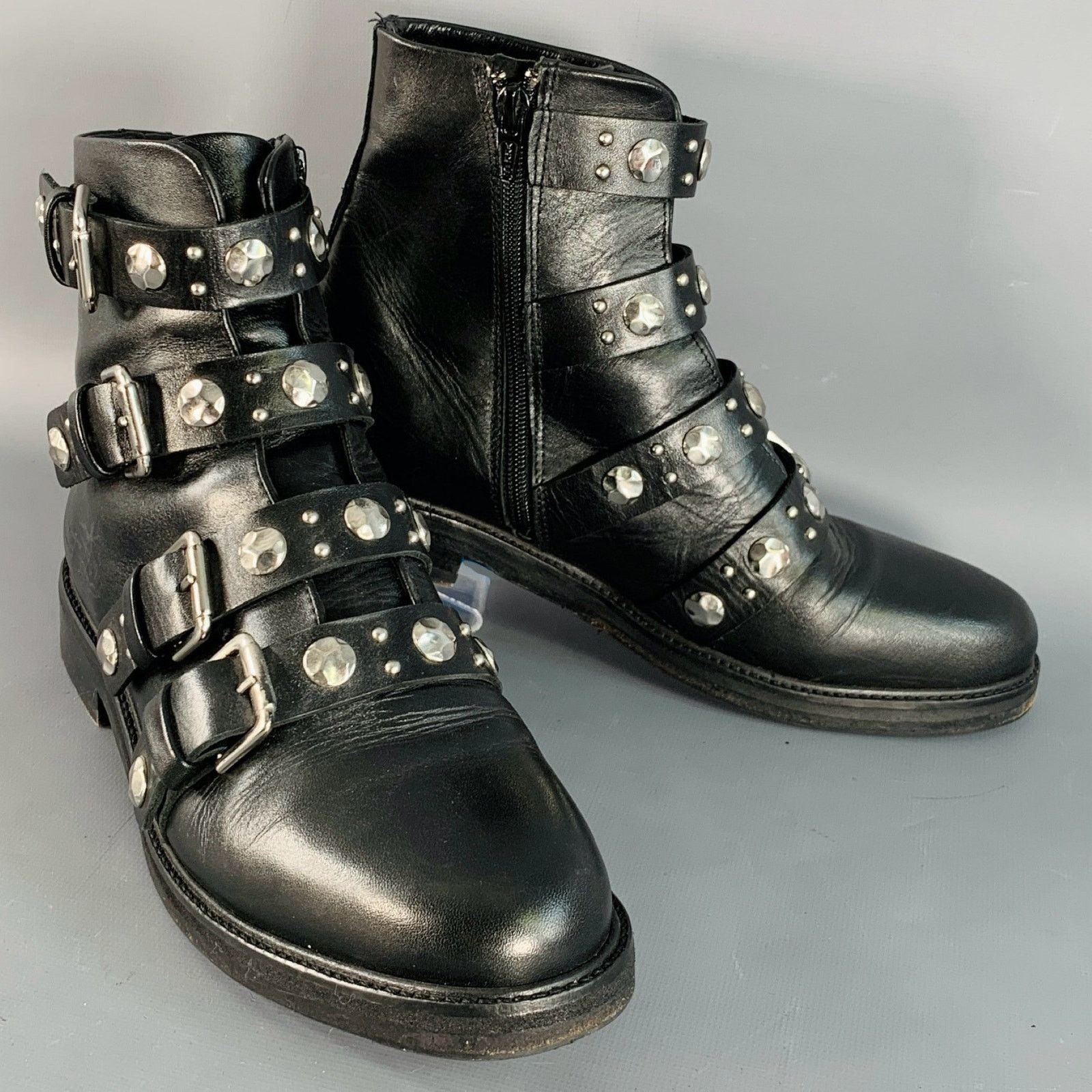 Maje Black Leather Studded Belted Side Zipper Military Ankle Size US 9 / IT 39 - 1 Thumbnail