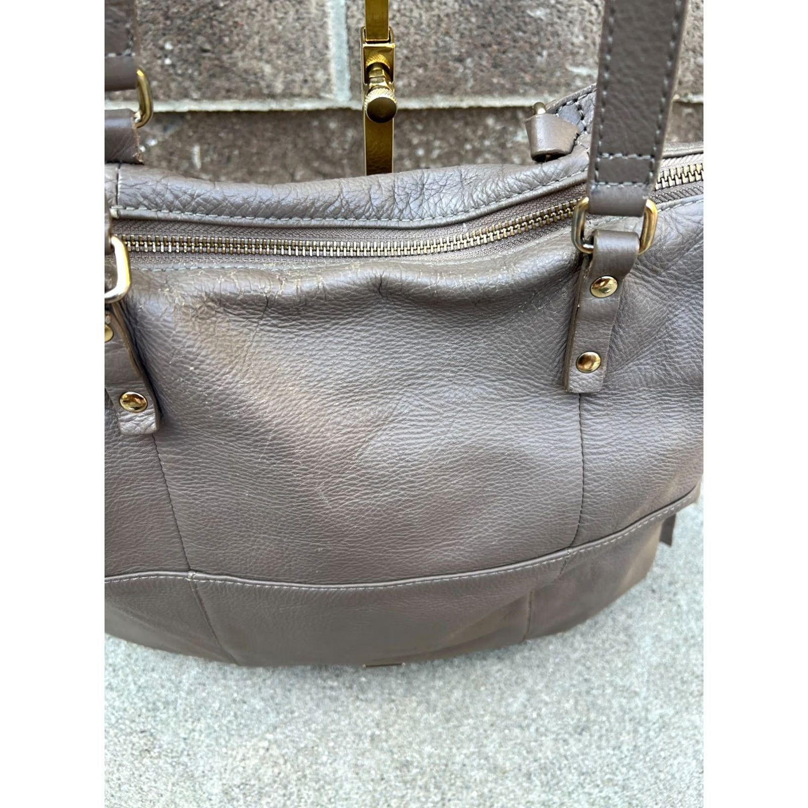Vintage Kooba Satchel Shoulder Bag Purse Women's Leather Zipper Brown Crossbody Gray Brown Purled Pebbled Handbag Medium 14W x 12H x 4D Size ONE SIZE - 5 Thumbnail
