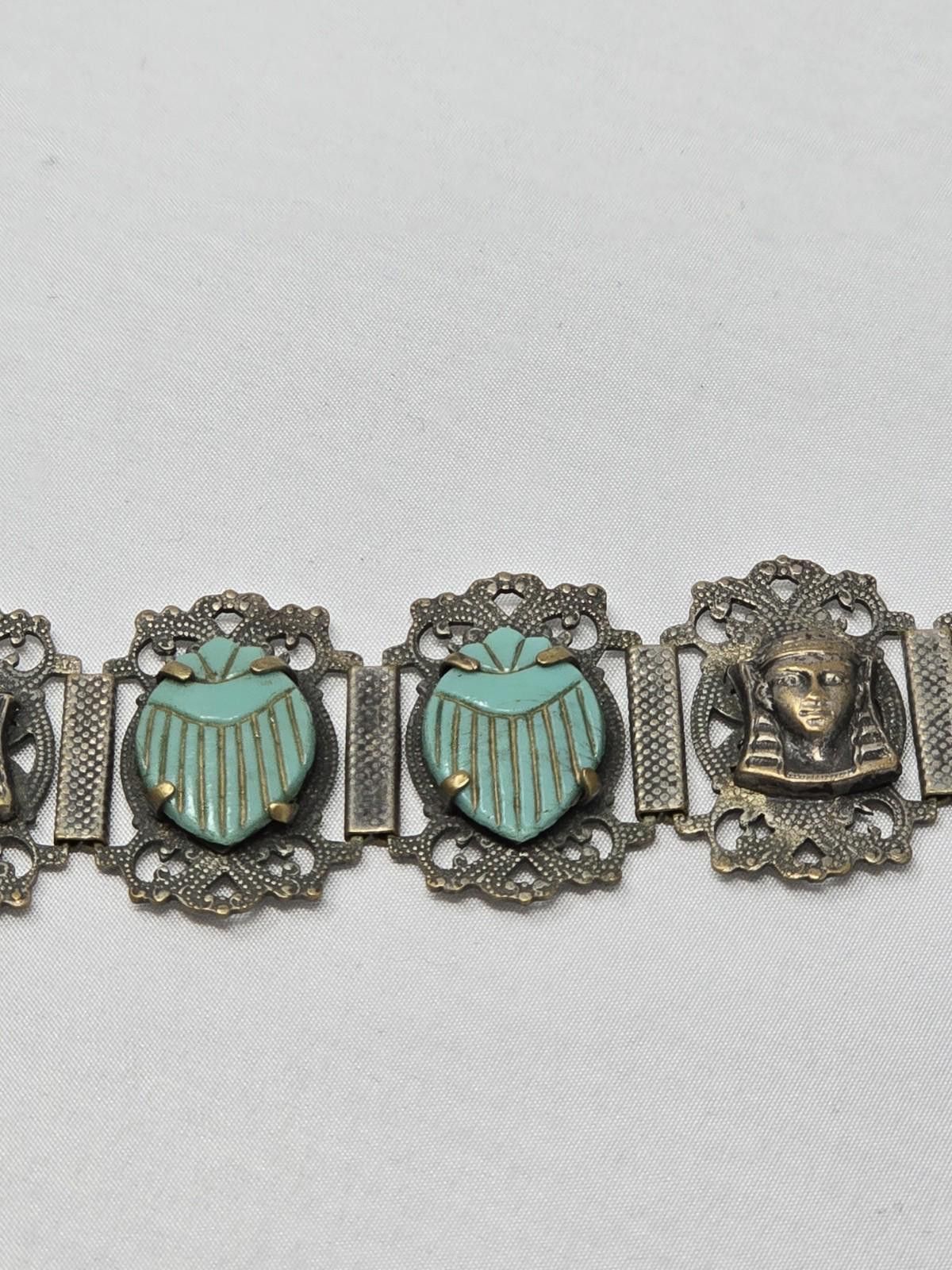 Antique Rivet Antique Art Deco Egyptian Czech Glass Scarab Bracelet Size ONE SIZE - 3 Thumbnail