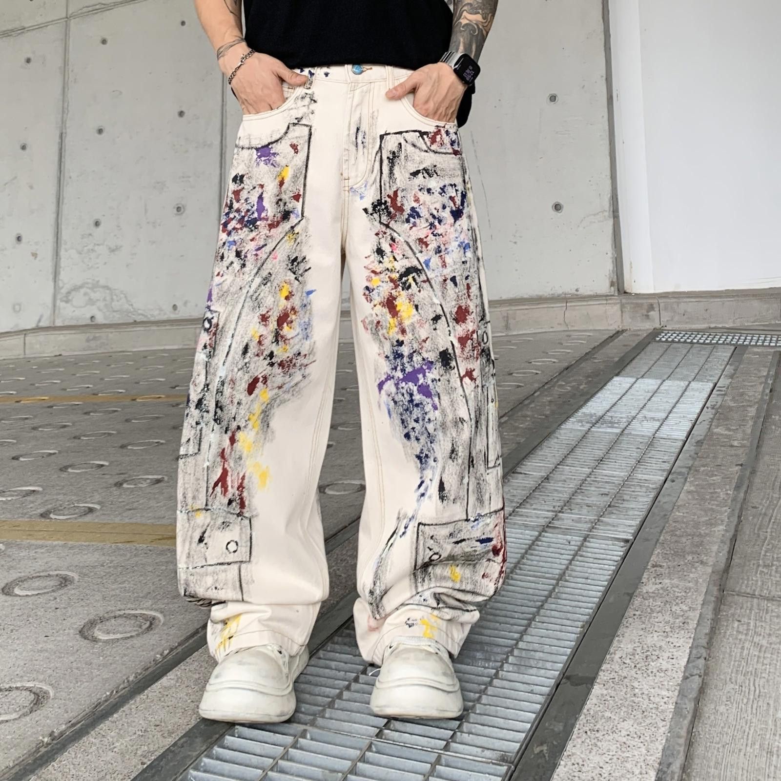 Japanese Brand White Paint-Splattered Baggy Casual Pants, Loose Fit Size US 32 / EU 48 - 1 Thumbnail