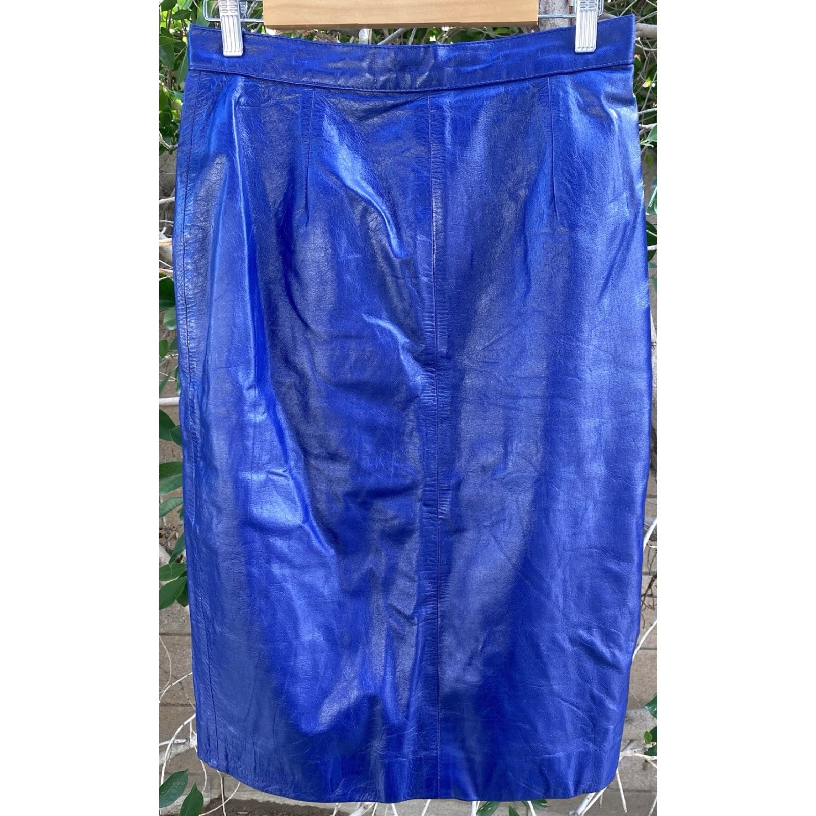 Vintage VINTAGE Blue Leather Pencil Skirt High Waist 1980s 80s Rocker Punk New Wave 30.5 inch waist Womens Size 24" / US 00 / IT 34 - 3 Thumbnail