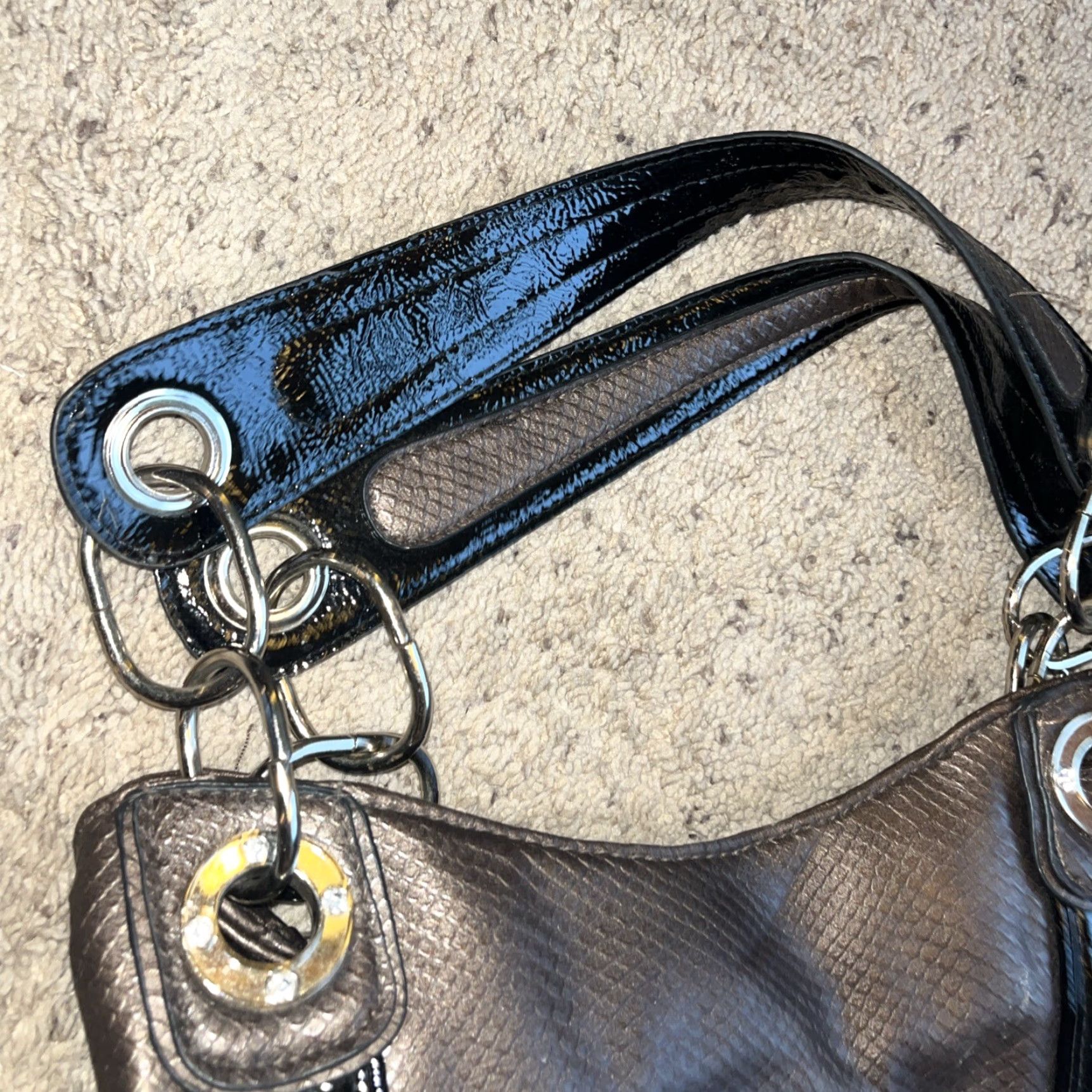 Doublet VINTAGE Kathy Van Zeeland Shoulder Bag Croc Embossed Brown Black Silver Studs Slouchy Boho Double Straps Size ONE SIZE - 6 Thumbnail