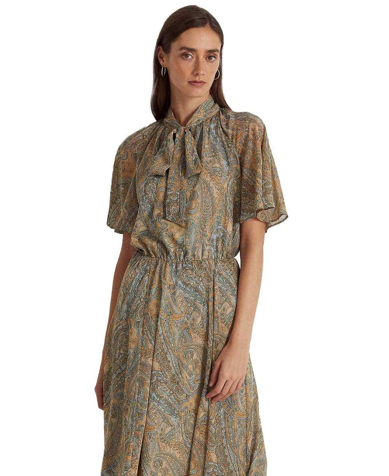 Lauren Ralph Lauren Lauren Ralph Lauren Paisley Crinkle Georgette Tie-Neck Dress Size L / US 10 / IT 46 - 4 Thumbnail