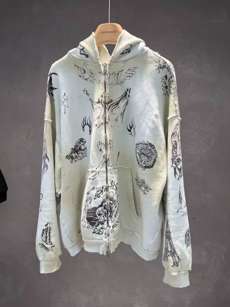 Balenciaga Tattoo Aged Pattern Full Print Hooded Zipper Sw