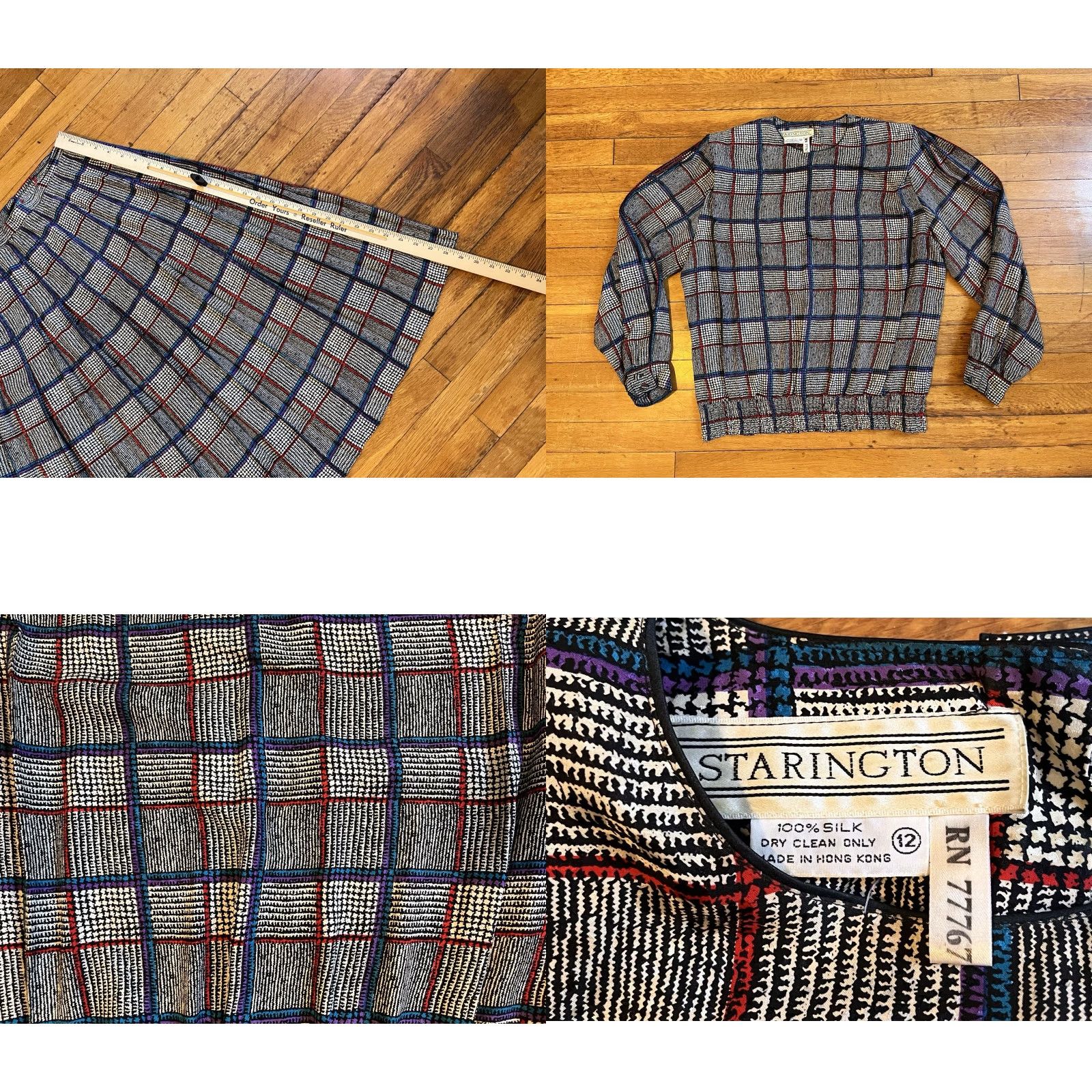 Vintage VINTAGE Starington Silk Blouse Skirt Scarf Set Women’s 12 Plaid Grey Blue 80s Size 4XL / US 24-26 - 8 Thumbnail