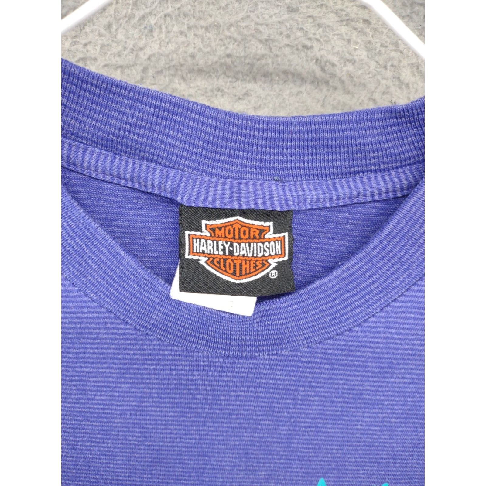 Harley Davidson VINTAGE Harley-Davidson T-Shirt Mens Small Purple Pinstripe Single Stitch 1993 USA Made Motorcycle Graphic Print Crew Neck Short Sleeve Size US S / EU 44-46 / 1 - 4 Thumbnail