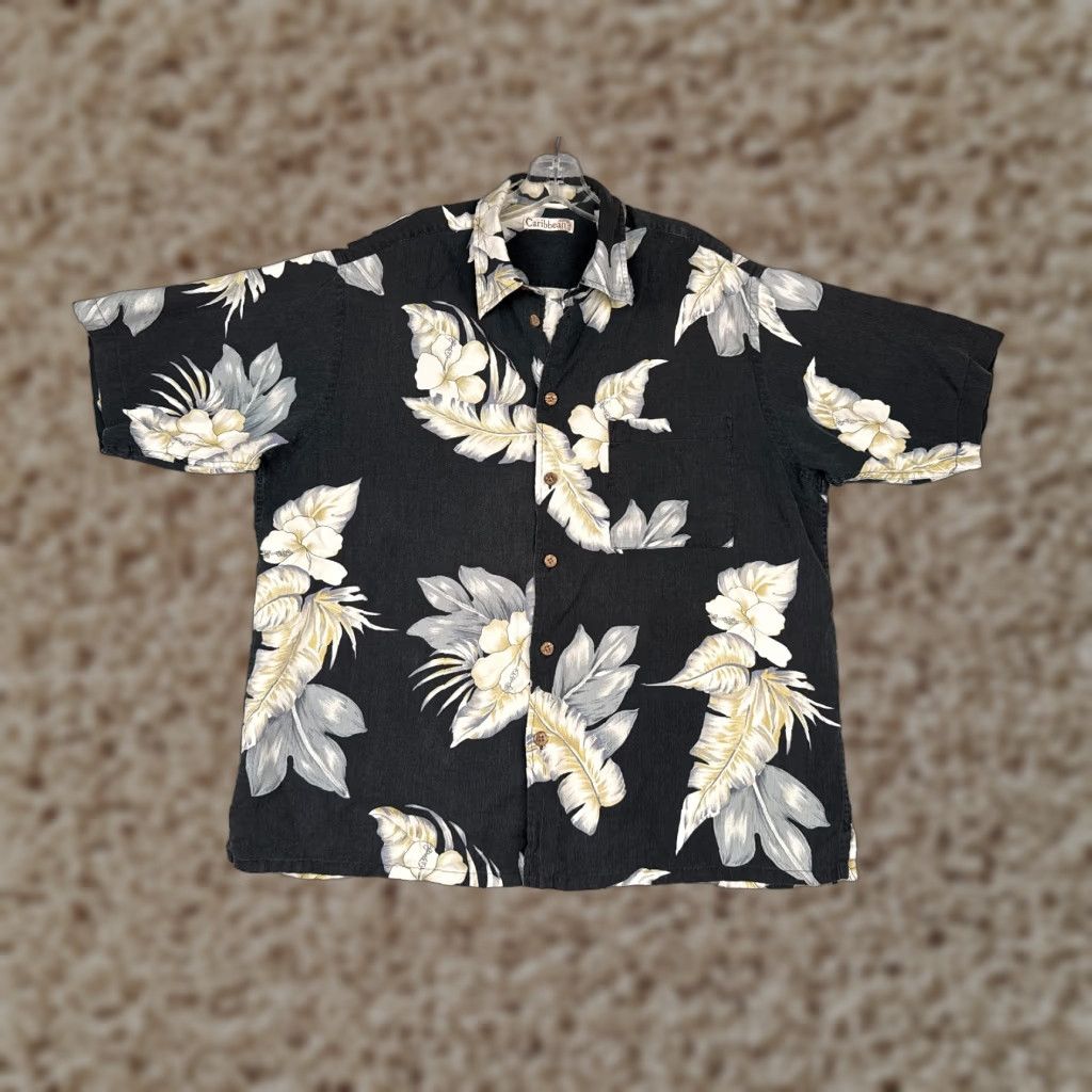 Vintage Caribbean Shirt Men Large Black Floral Silk Cotton Blend Hawaiian Button-Up Size US L / EU 52-54 / 3 - 1 Thumbnail