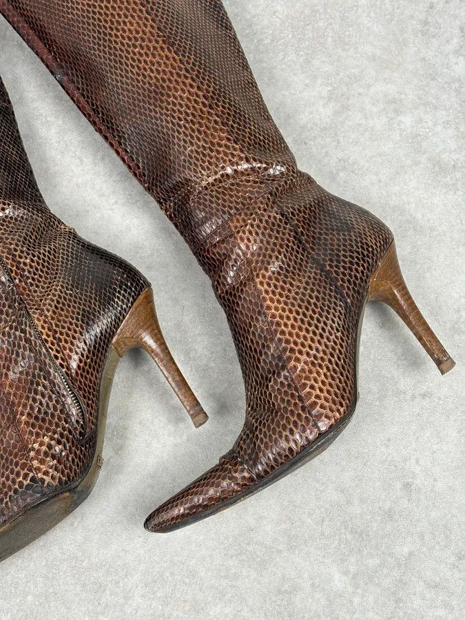 Dolce & Gabbana 2000s Dolce & Gabbana Brown Python Leather Knee-High Heeled Boots Size US 8 / IT 38 - 6 Thumbnail
