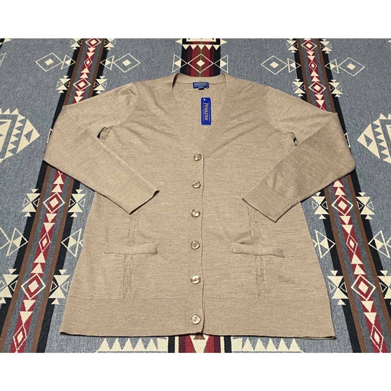 image of Pendleton Women’S Merino Wool Cardigan Sweater Tan Brown Size L NWT $139 T74 in White, Women's