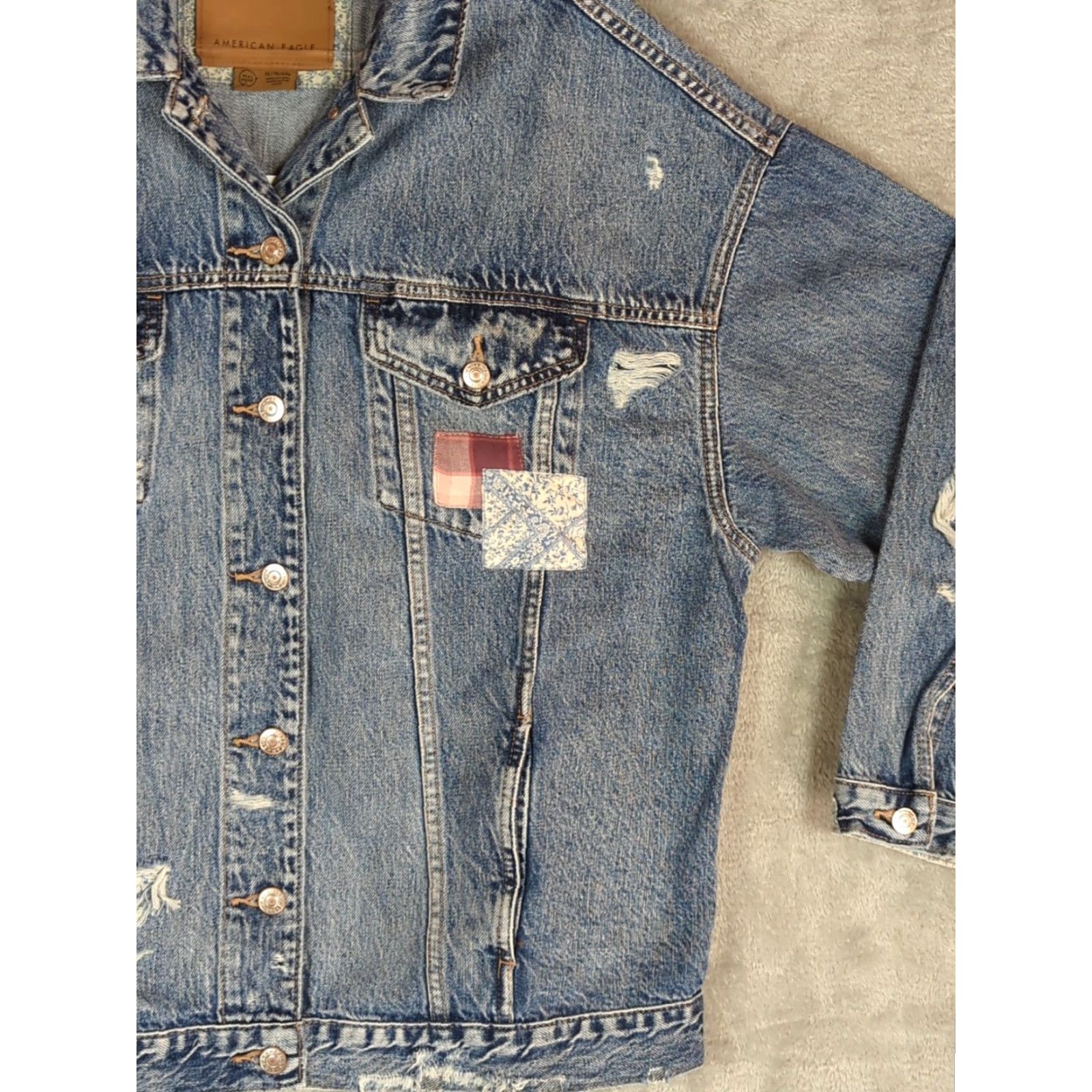 American Eagle Outfitters VINTAGE American Eagle Boyfriend Jean Jacket XL Blue Patchwork Distressed Oversized Size 40" / US 18 - 6 Thumbnail