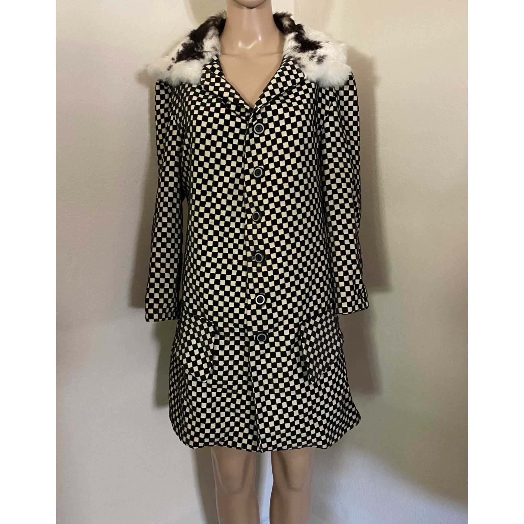 Vintage Rik Villa S 4 Jacket Coat Checkerboard Black White Fur Colla Size S / US 4 / IT 40 - 1 Thumbnail