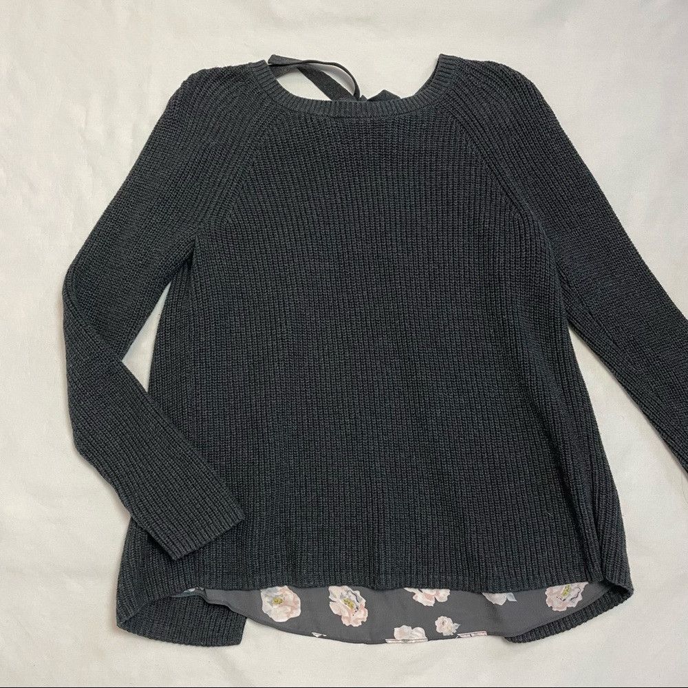 Loft New LOFT Floral Chiffon Tie Back Ribbed Cotton Gray Sweater Size M / US 6-8 / IT 42-44 - 5 Thumbnail