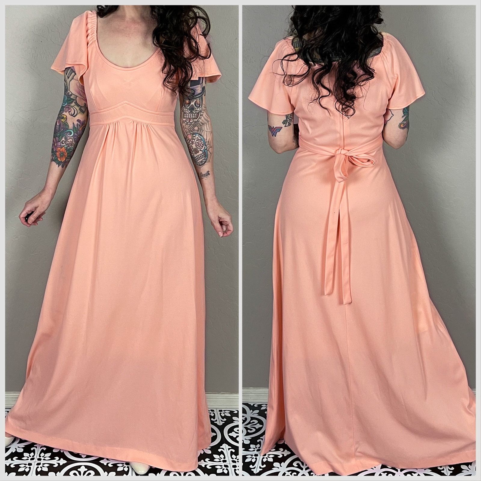 Vintage 1970s Peach Boho Flutter Sleeve Empire Waist Maxi Dress Size S / US 4 / IT 40 - 3 Thumbnail