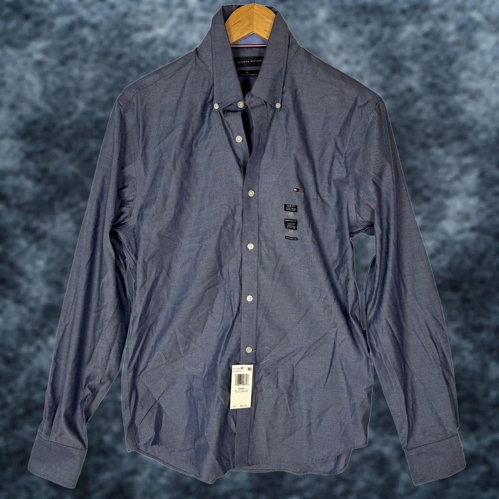 Tommy Hilfiger Tommy Hilfiger TH Flex Slim Fit Stretch Oxford Dress Shirt Peacoat Blue 15.5 34 Mens Size 42R - 1 Thumbnail