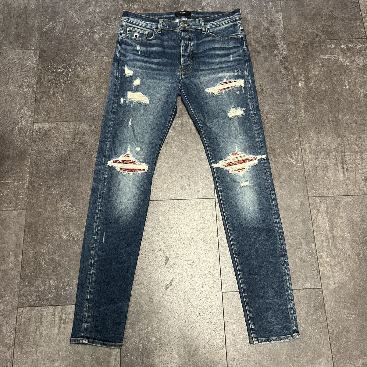 Amiri MX1 Red Bandana Patch Indigo Jeans