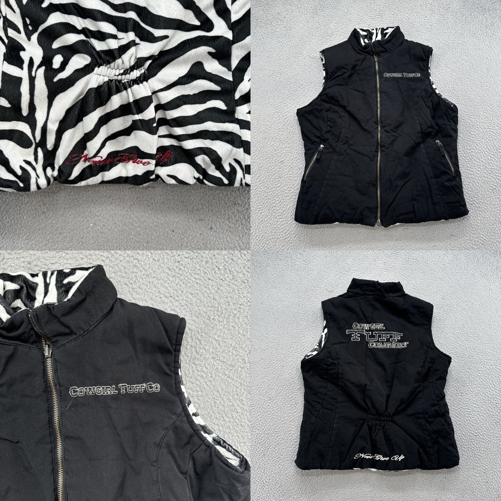 Vintage Cowgirl Tuff Western Vest Reversible Zebra Fleece Black Canvas Size Large Women Sleeveless Zip Pockets Logo Size L / US 10 / IT 46 - 8 Thumbnail