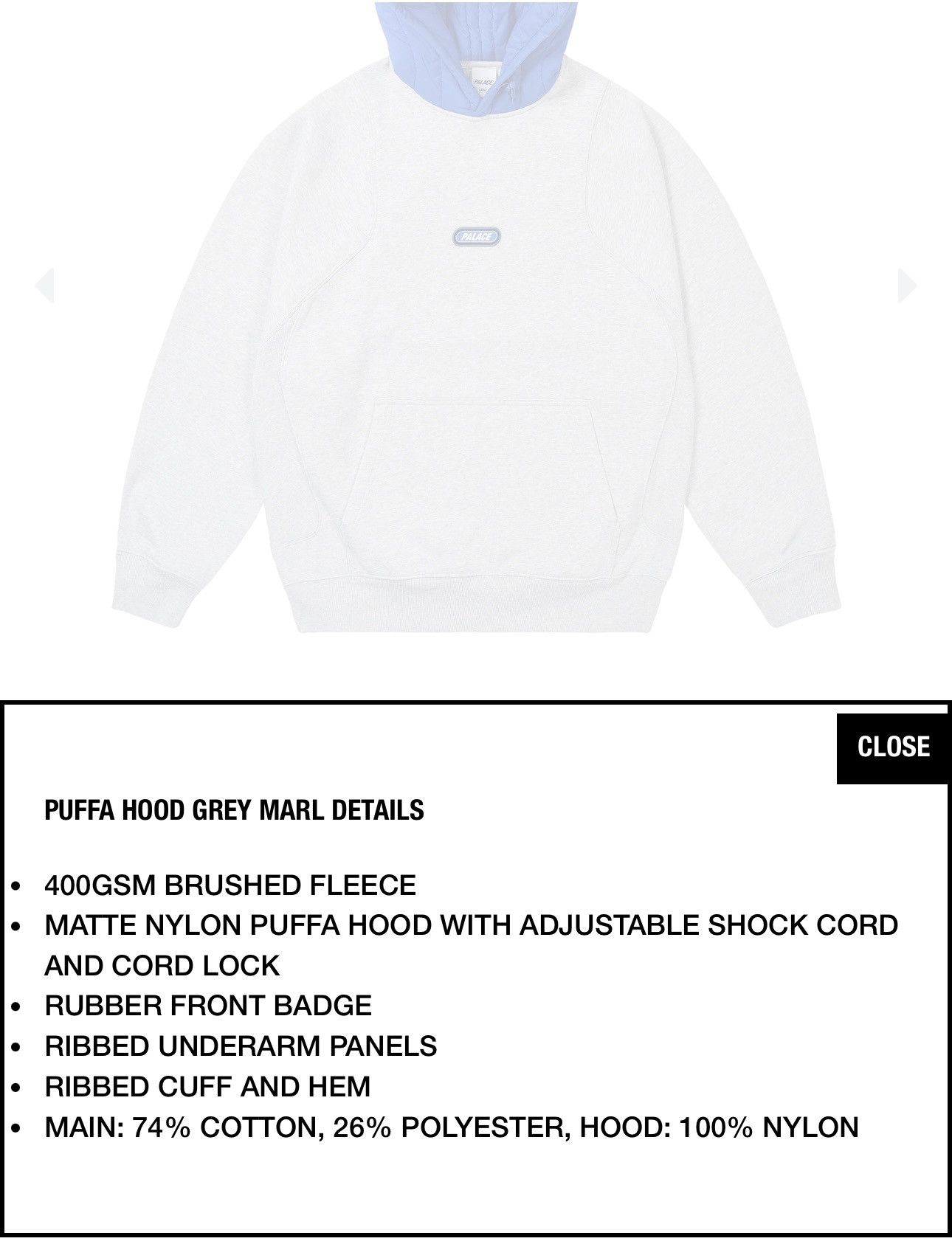 Palace PALACE GREY MARL PUFA HOOD Size US M / EU 48-50 / 2 - 4 Thumbnail