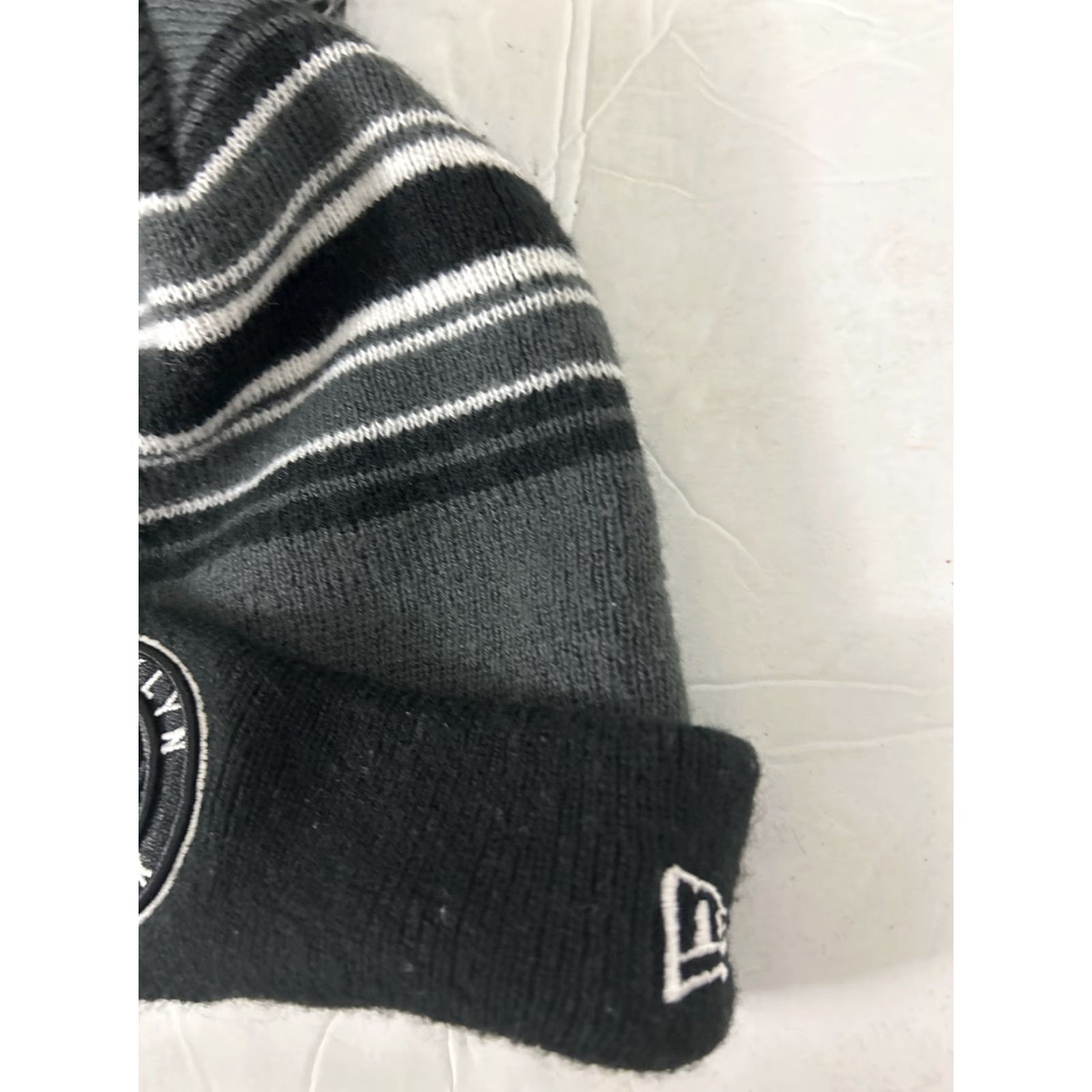 New Era BROOKLYN NETS NEW ERA NBA POM BEANIE STRIPED ADULT HAT BLACK GREY WHITE Size ONE SIZE - 4 Thumbnail