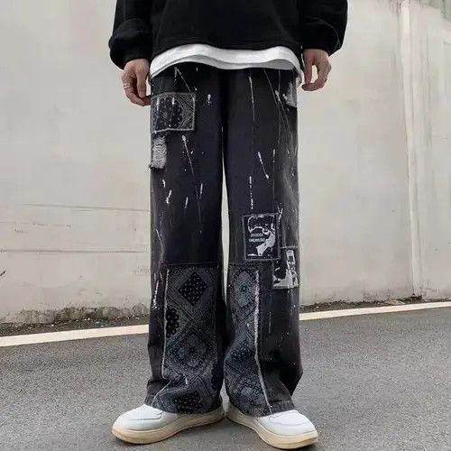 Retro patchwork printed ripped jeans