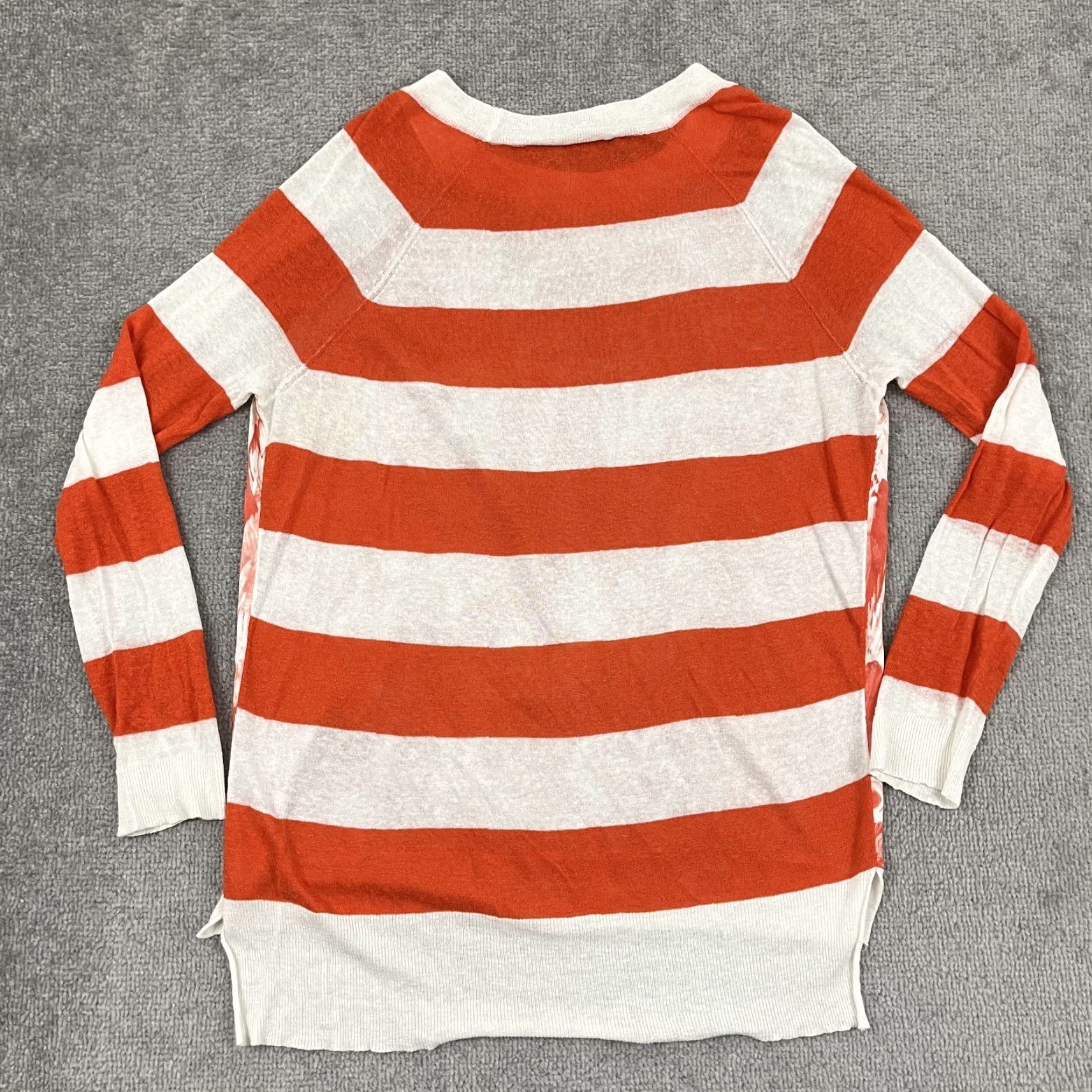 Vintage Roberto Verino Blouse Womens M Orange Striped Linen Feather Print Crew Neck Long Sleeve Size M / US 6-8 / IT 42-44 - 7 Thumbnail