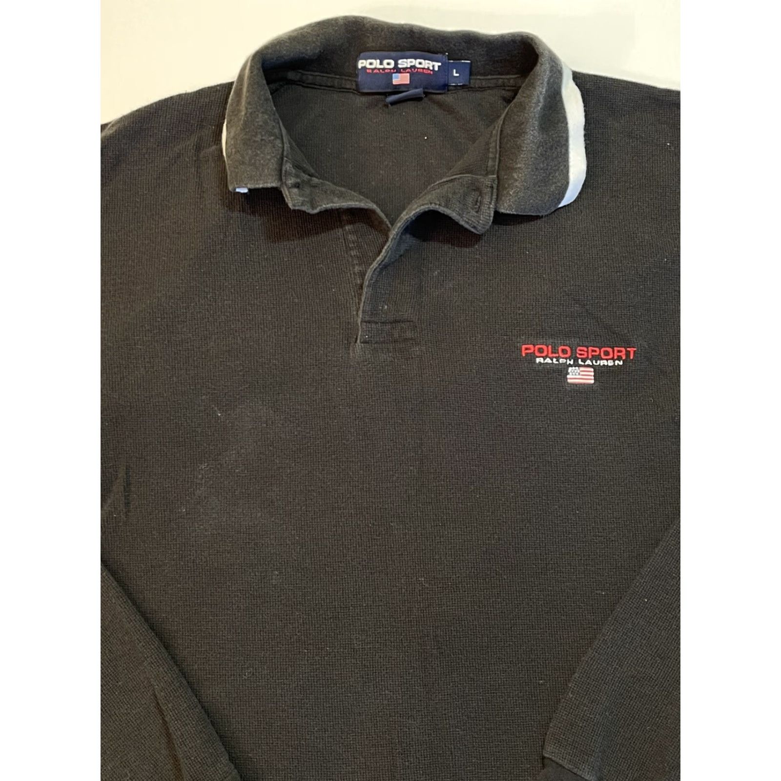 Polo Ralph Lauren VINTAGE Ralph Lauren Sport Polo Shirt Mens L Black Cotton Chambray Thermal Rugby with Spell Out Logo Flag 90s Mens Size US L / EU 52-54 / 3 - 2 Thumbnail