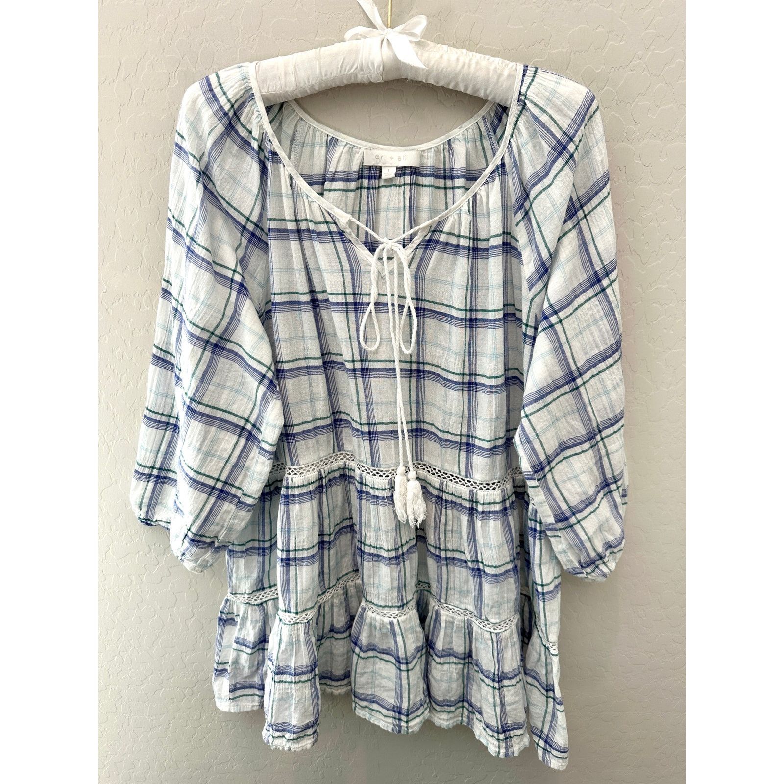Anthropologie ANTHROPOLOGIE White Blue Plaid Peasant Cotton Tunic Blouse Size L / US 10 / IT 46 - 1 Thumbnail