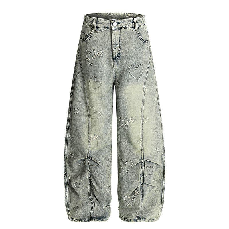 Vintage Street-style wide-leg heart-embroidered jeans Size US 32 / EU 48 - 1 Thumbnail