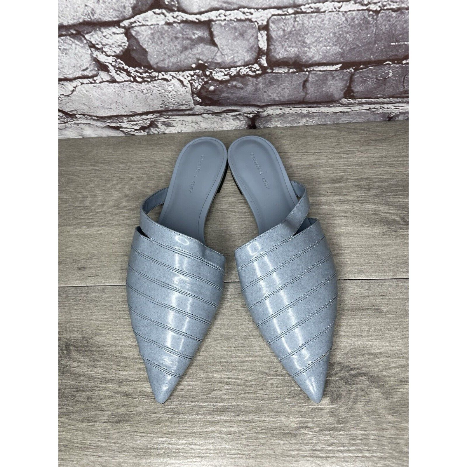 Other Charles Keith Blue Leather Pointed Toe Flats Mules Shoes Wom Size US 7.5 / IT 37.5 - 23 Thumbnail