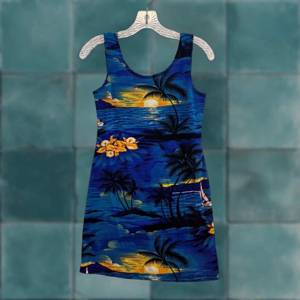 Vintage VINTAGE Hawaiian Mini Dress M Blue Slinky Stretch Tropical Palm Trees Dress Girls? Size M / US 6-8 / IT 42-44 - 1 Thumbnail