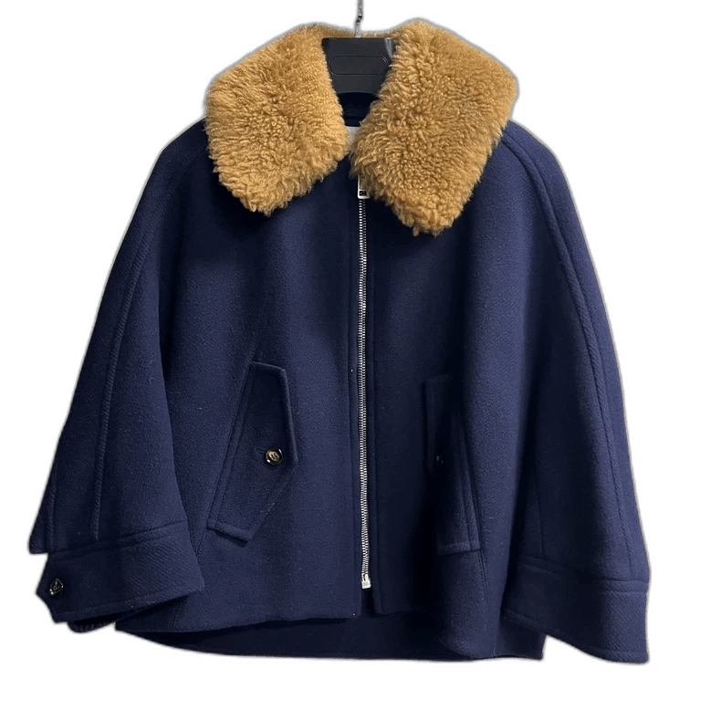 Chloe Blue Wool Zip Jacket with Fur Collar-yf