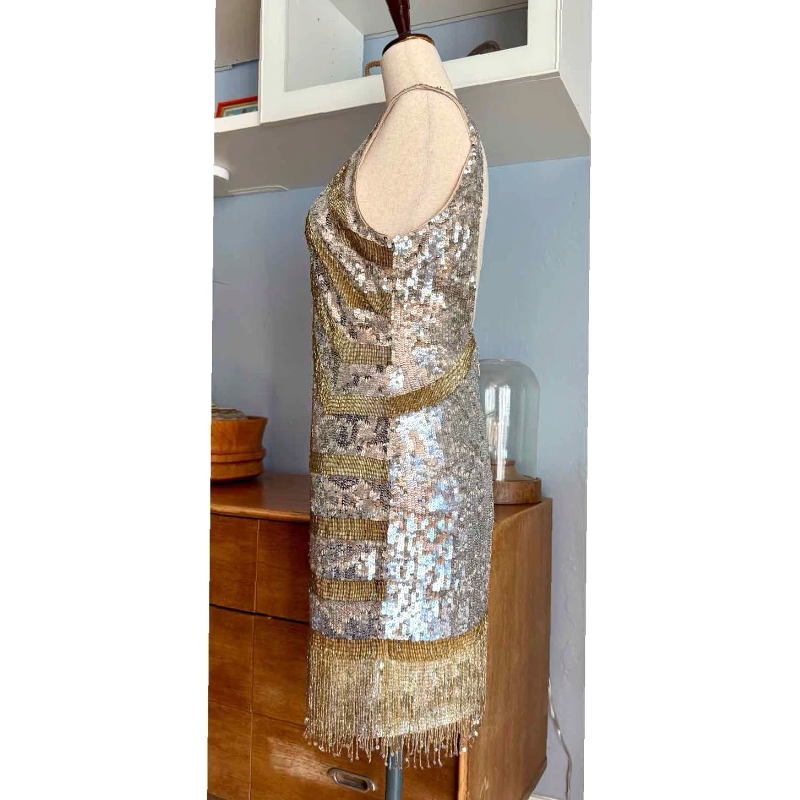 Bebe VINTAGE Bebe Uptown Silver Gold Beaded Sequins Tank Dress Fringe Hem Cocktail Sz M Size M / US 6-8 / IT 42-44 - 4 Thumbnail