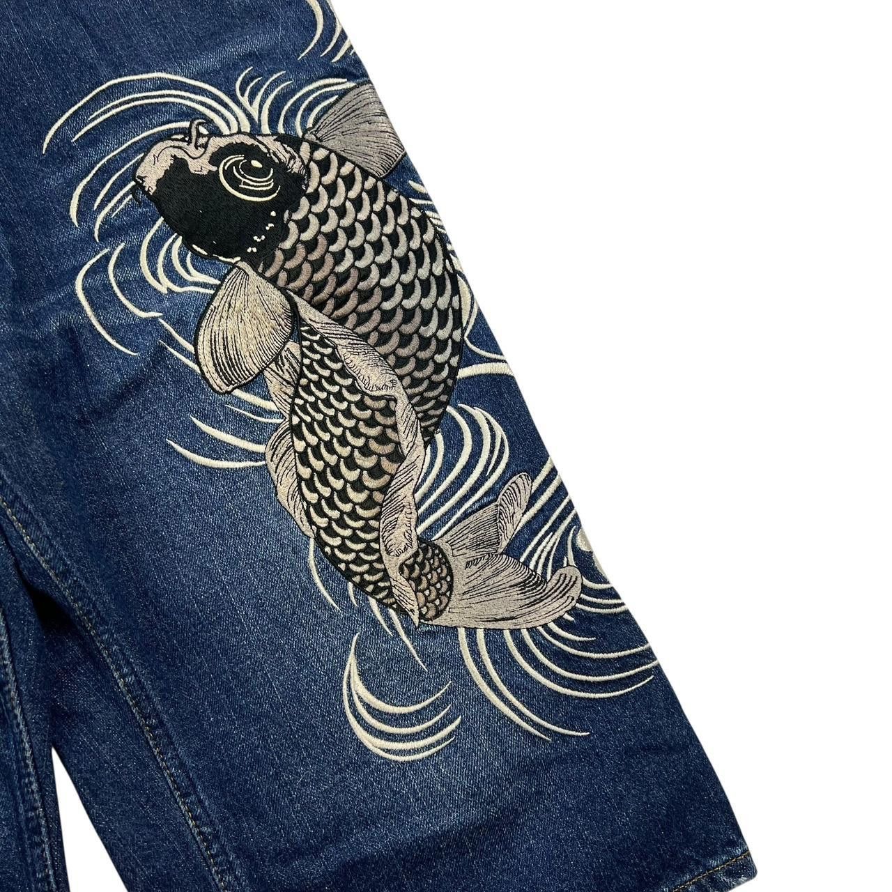 Karakuri Tamashii Karakuri Tamashii Embroidered Koi Fish Denim Shorts Waist 34 Size US 34 / EU 50 - 3 Thumbnail