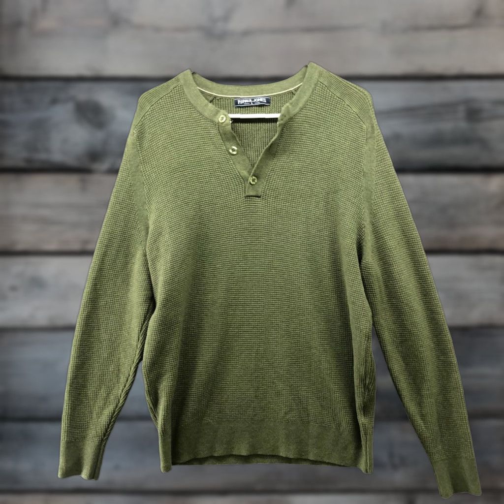 Olive PJ Paul Jones Waffle Knit Henley Sweater Mens L Olive Green Textured Pullover Knit Shirt Mens L Olive Green Classic Casual Winter Fall - Mens Size US L / EU 52-54 / 3 - 1 Thumbnail