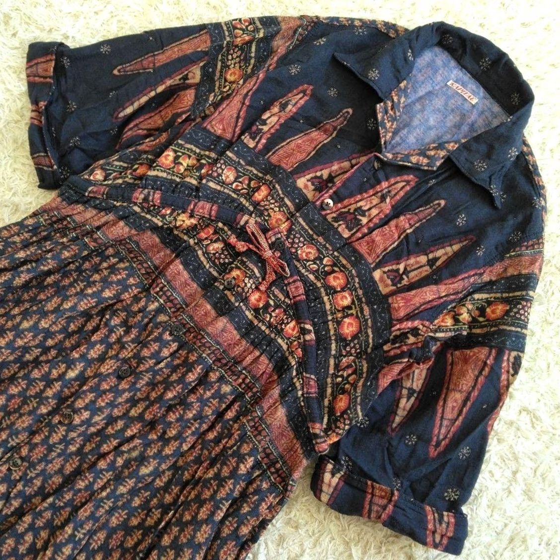 Kapital KAPITAL Cotton Dress Short Sleeve XS Navy×Orange Native Pattern Ladies Size 26" / US 2 / IT 38 - 2 Thumbnail
