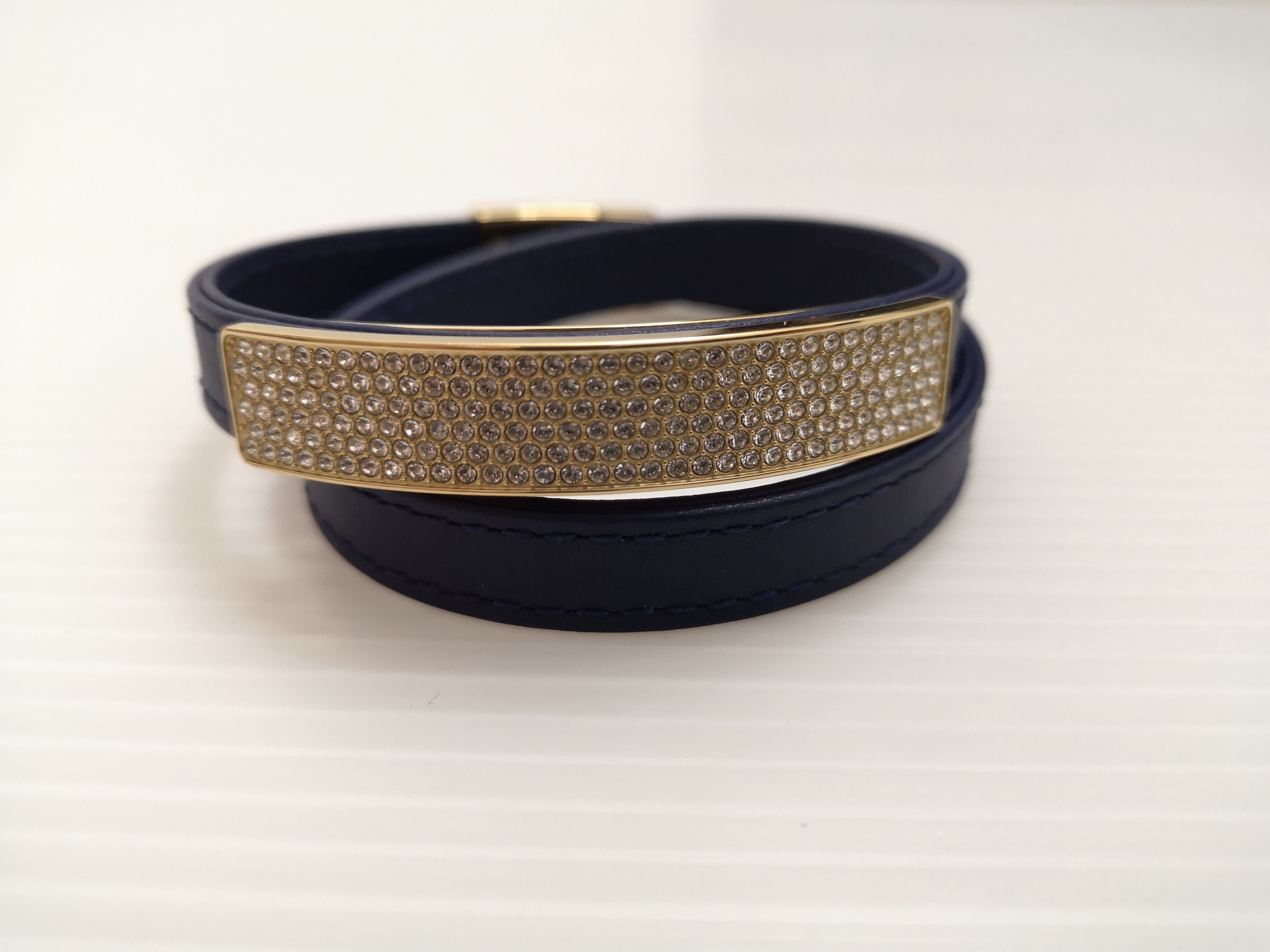 Swarovski frame clear crystal navy double real leather straps bracelet Size ONE SIZE - 1 Thumbnail