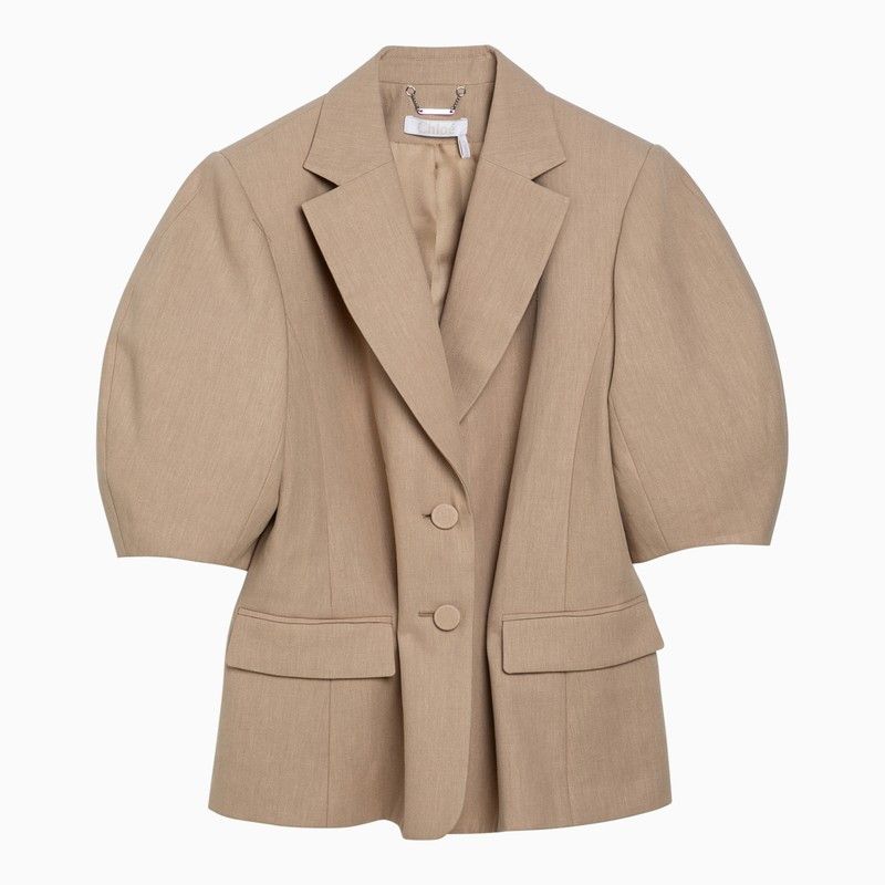 image of Chloe Beige Linen Jacket With Balloon Sleeve, Women's (Size Medium)
