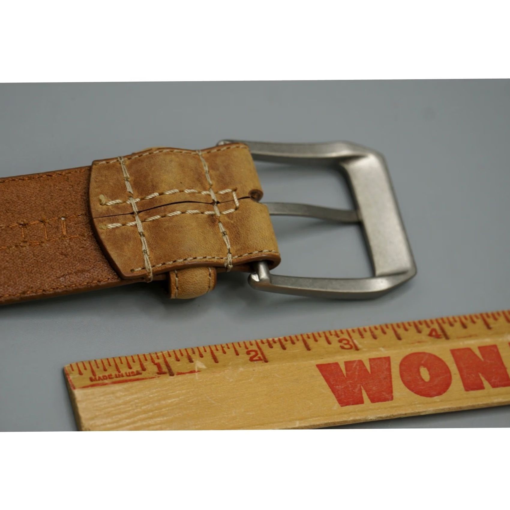 Vintage Columbia Belt Mens Leather Tan Nubuck 1.5" 38/95 Triple Stitch Buckle Classic Work Belt Mens Size 38 - 6 Thumbnail