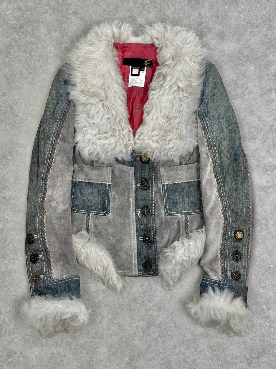 Just Cavalli AW2005 Cavalli Mongolian Fur Grey Leather & Blue Denim Jacket Size S / US 4 / IT 40 - 1 Thumbnail