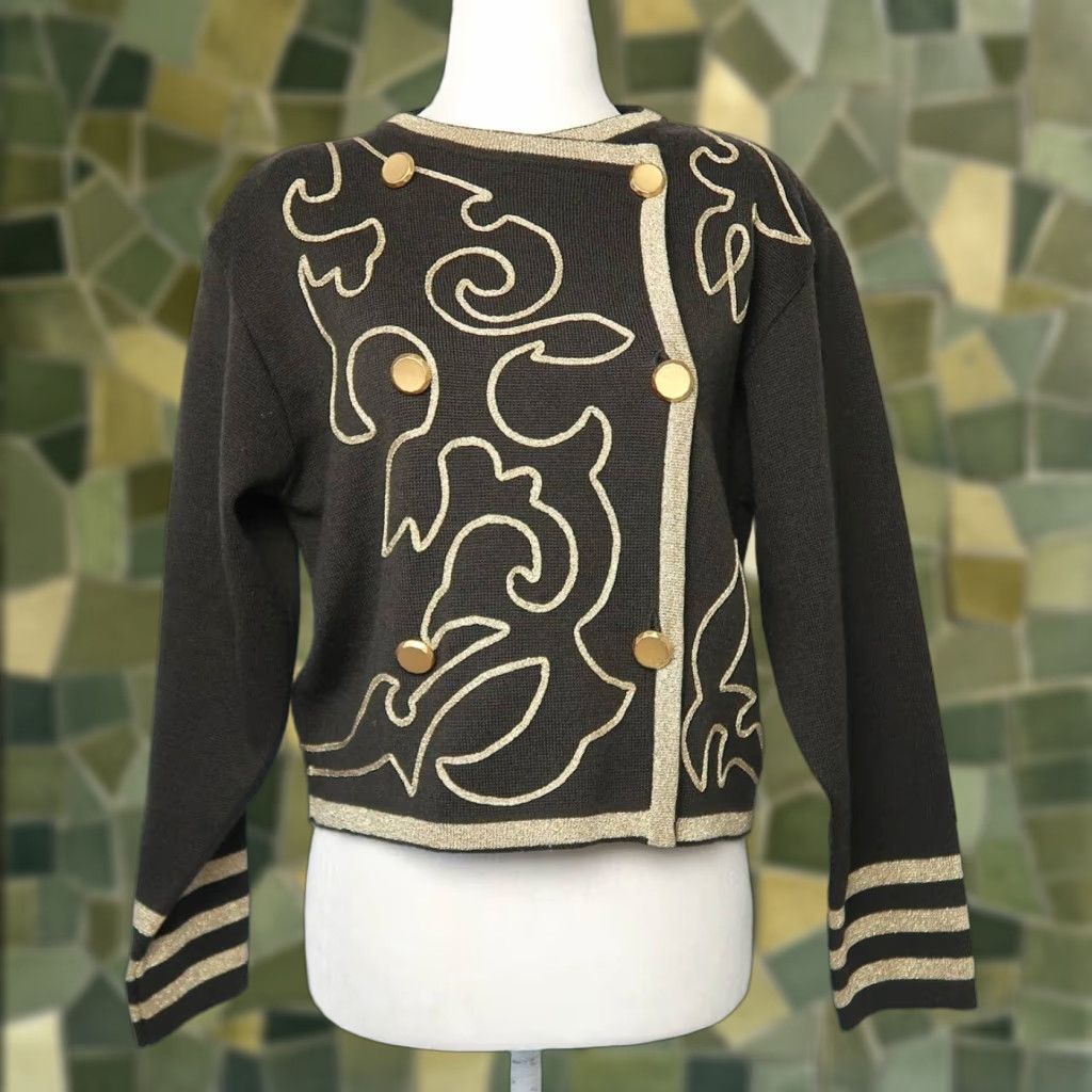 Vintage VINTAGE Classiques Merino Wool Knit Jacket XS Black Military/Landgirl 1980s Gold Trim Buttoned Cardigan Size XS / US 0-2 / IT 36-38 - 1 Thumbnail
