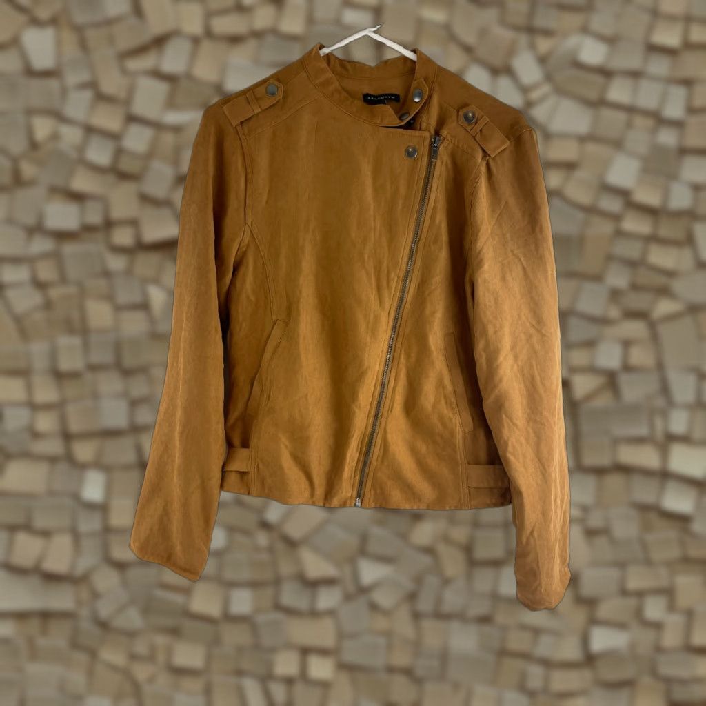 Camel STACCATO Jacket Women's Large Camel Brown Moto Asymmetric Full Zip Belted Jacket Regular Size Type MN | Outdoor Travel Style Motorcycle Coat Size L / US 10 / IT 46 - 1 Thumbnail