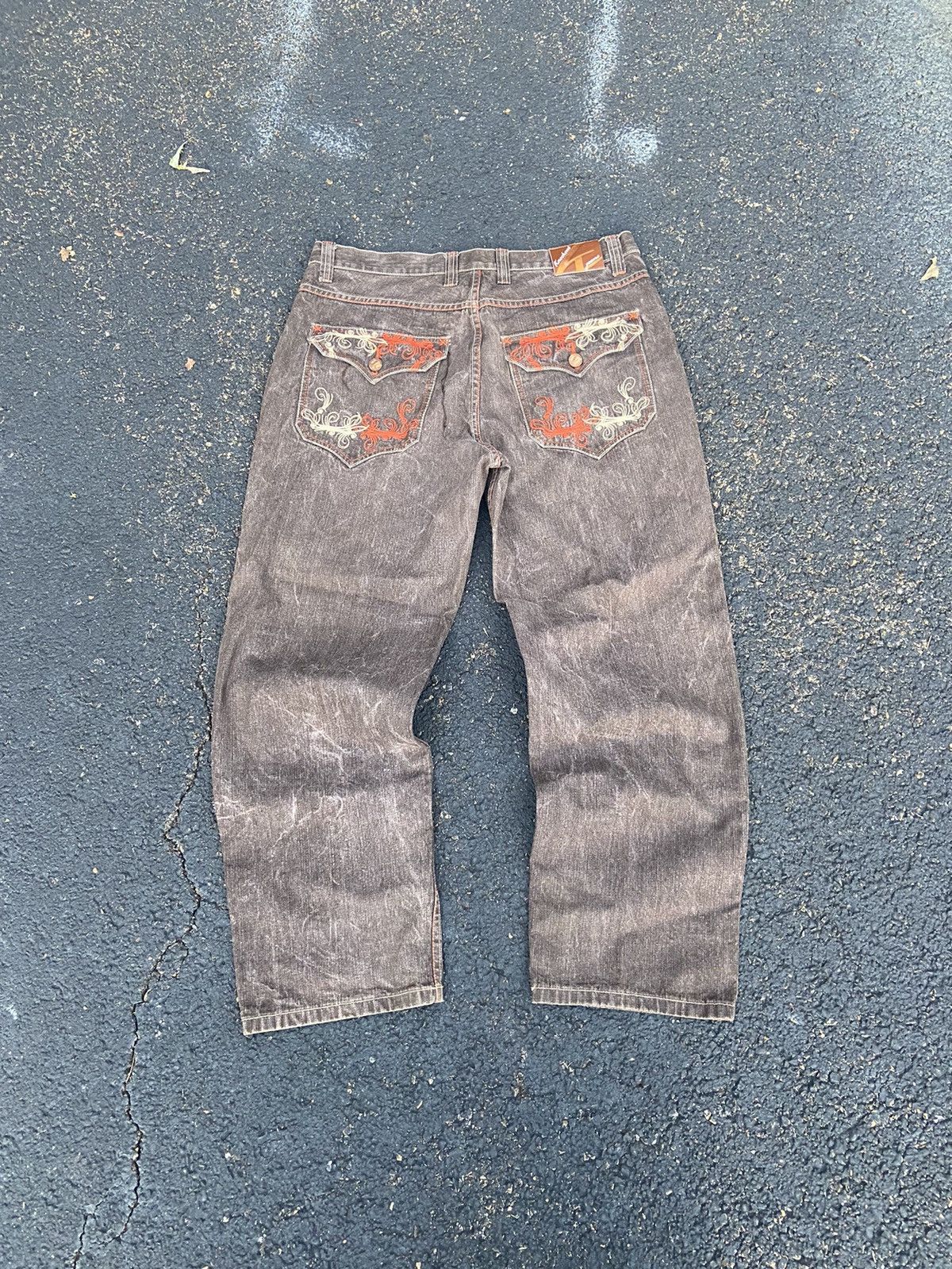 image of Affliction x Southpole Crazy Baggy Y2K Wide Leg Embroidered Unique Brown Jeans Usa, Men's (Size 38)