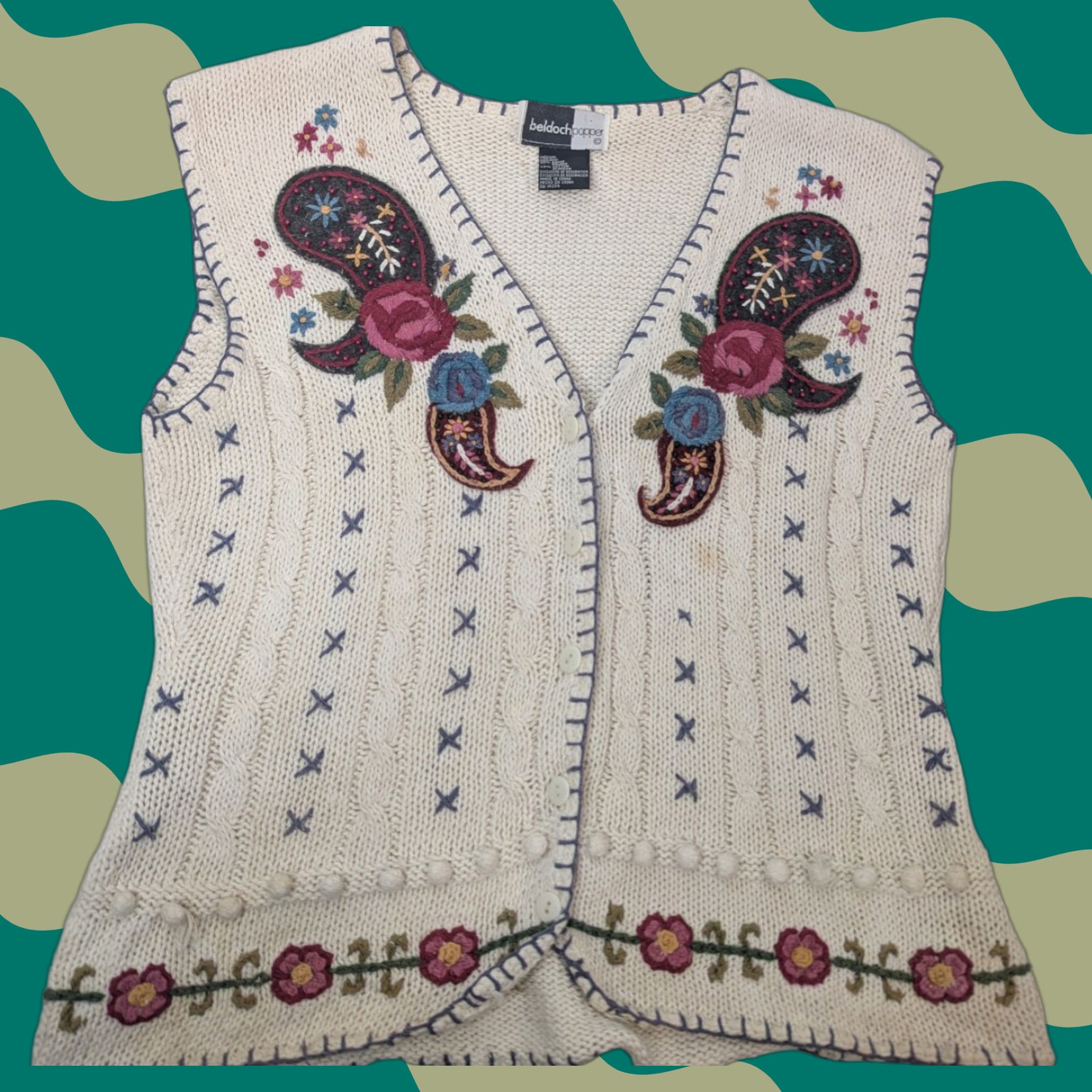 Vintage VINTAGE Beldoch-Popper Vest Womens M Crochet Beige Ramie Cotton Long Sleeve V-Neck Christmas Embroidered Button Quilted Collarless Size M / US 6-8 / IT 42-44 - 1 Thumbnail
